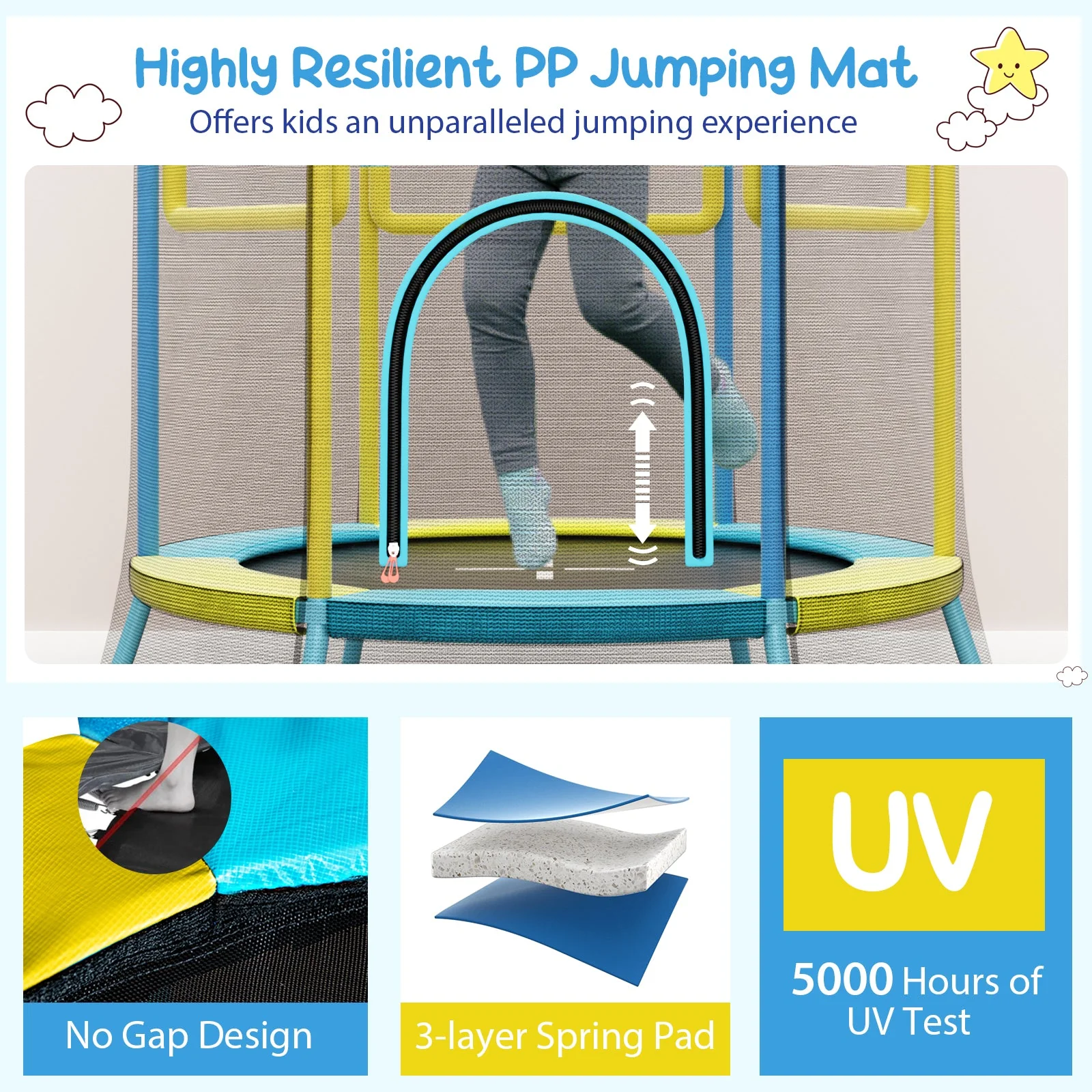 Mini Trampoline for Kids with Safety Enclosure Net and Foam Handles-Yellow - Image 7