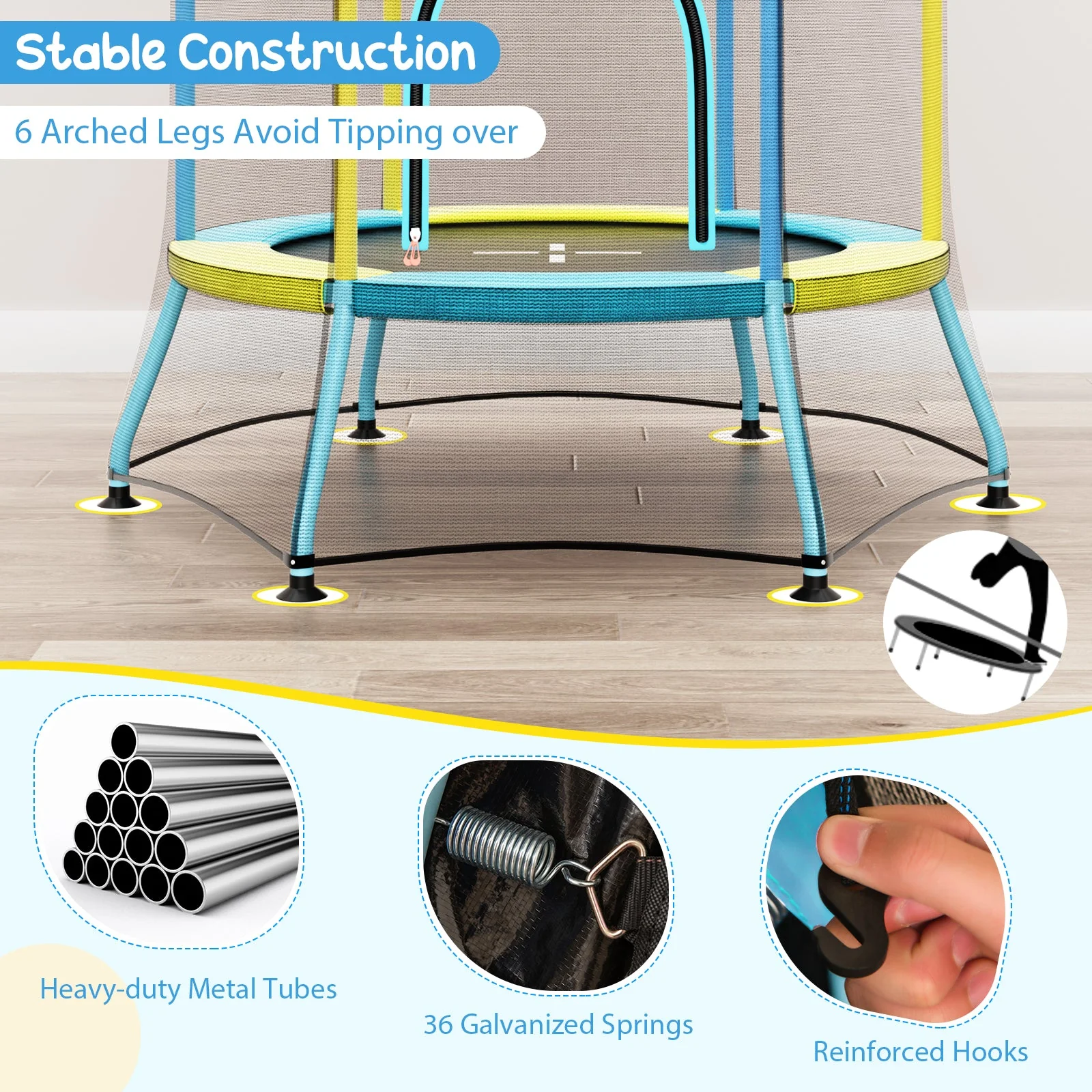 Mini Trampoline for Kids with Safety Enclosure Net and Foam Handles-Yellow - Image 8