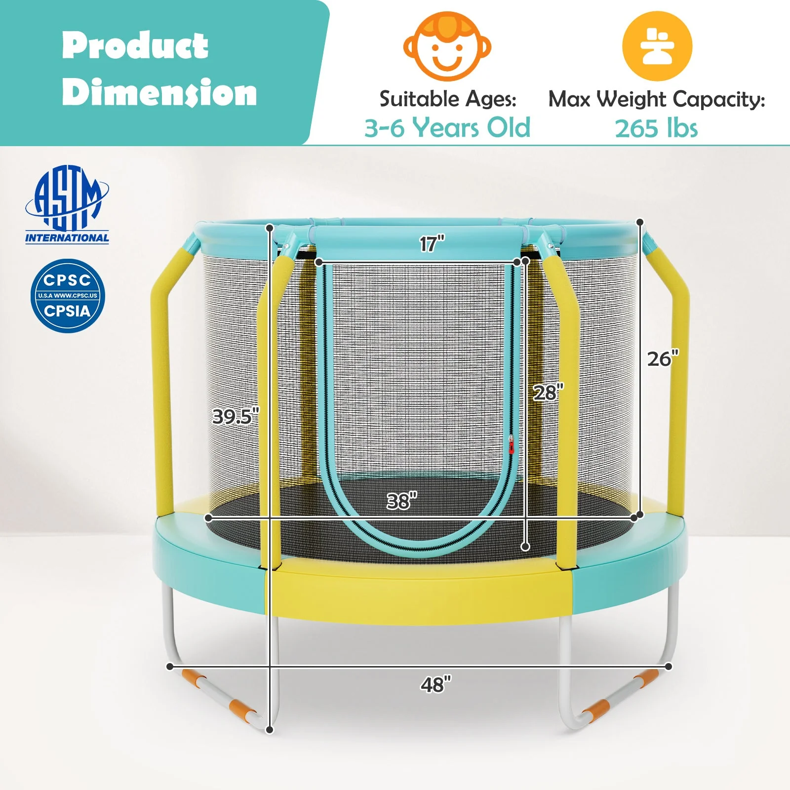 Mini Trampoline with Enclosure and Heavy-duty Metal Frame-Yellow - Image 5