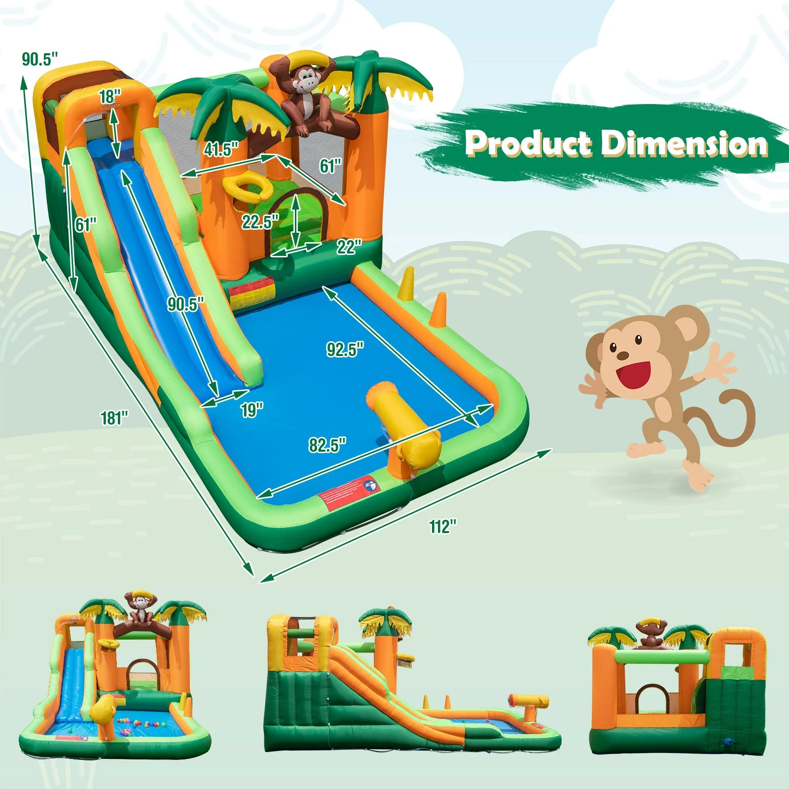 Monkey-Themed Inflatable Bounce House with Slide without Blower - Image 3