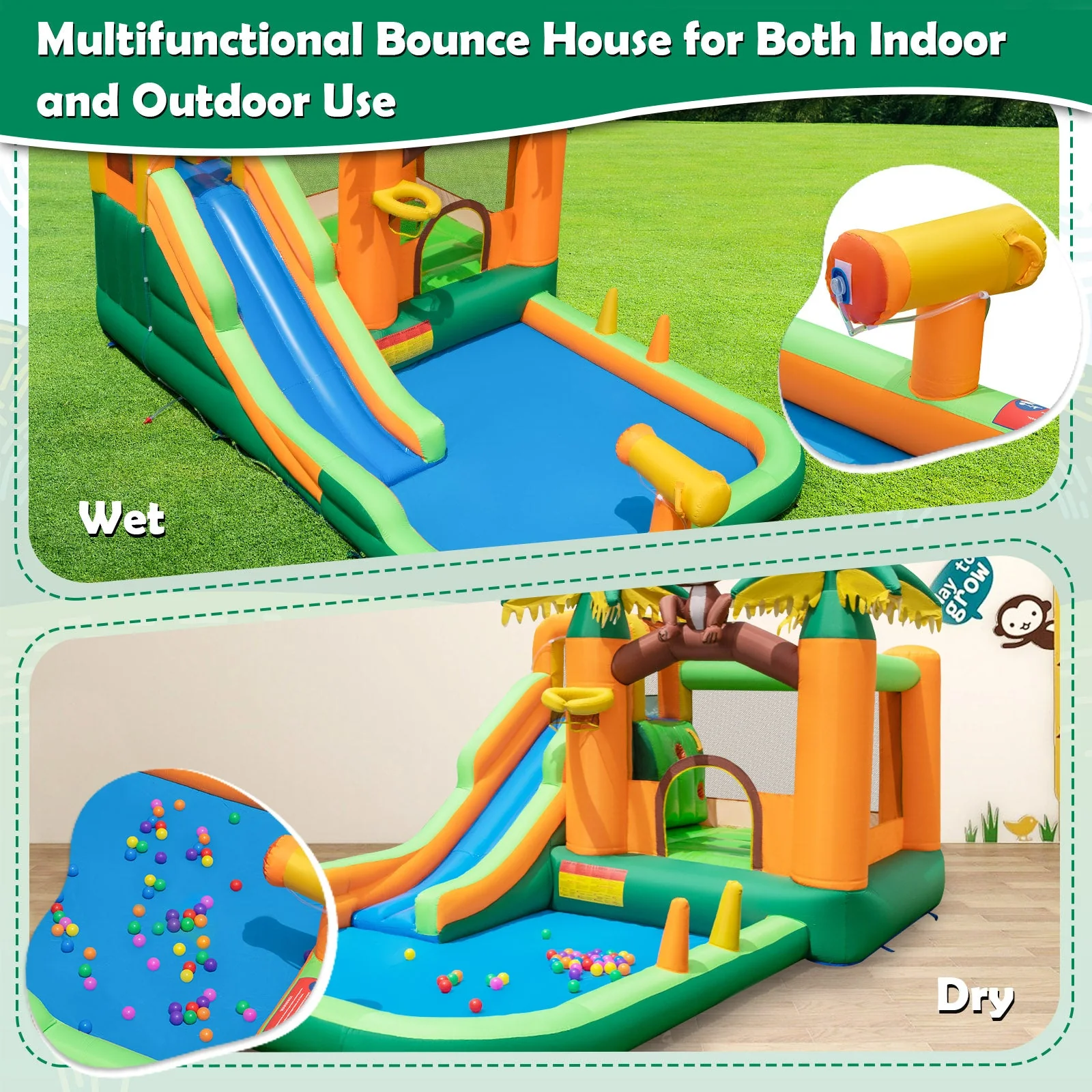 Monkey-Themed Inflatable Bounce House with Slide without Blower - Image 6