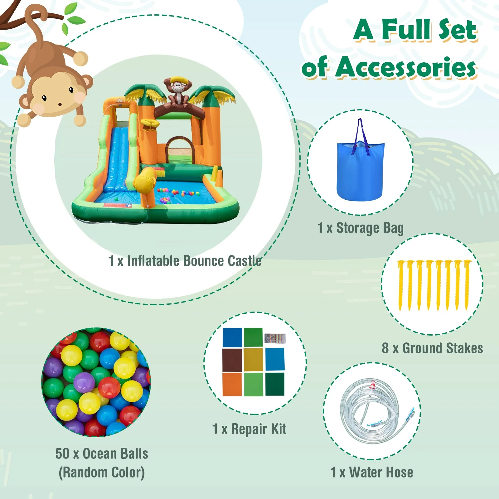 Monkey-Themed Inflatable Bounce House with Slide without Blower - Image 7