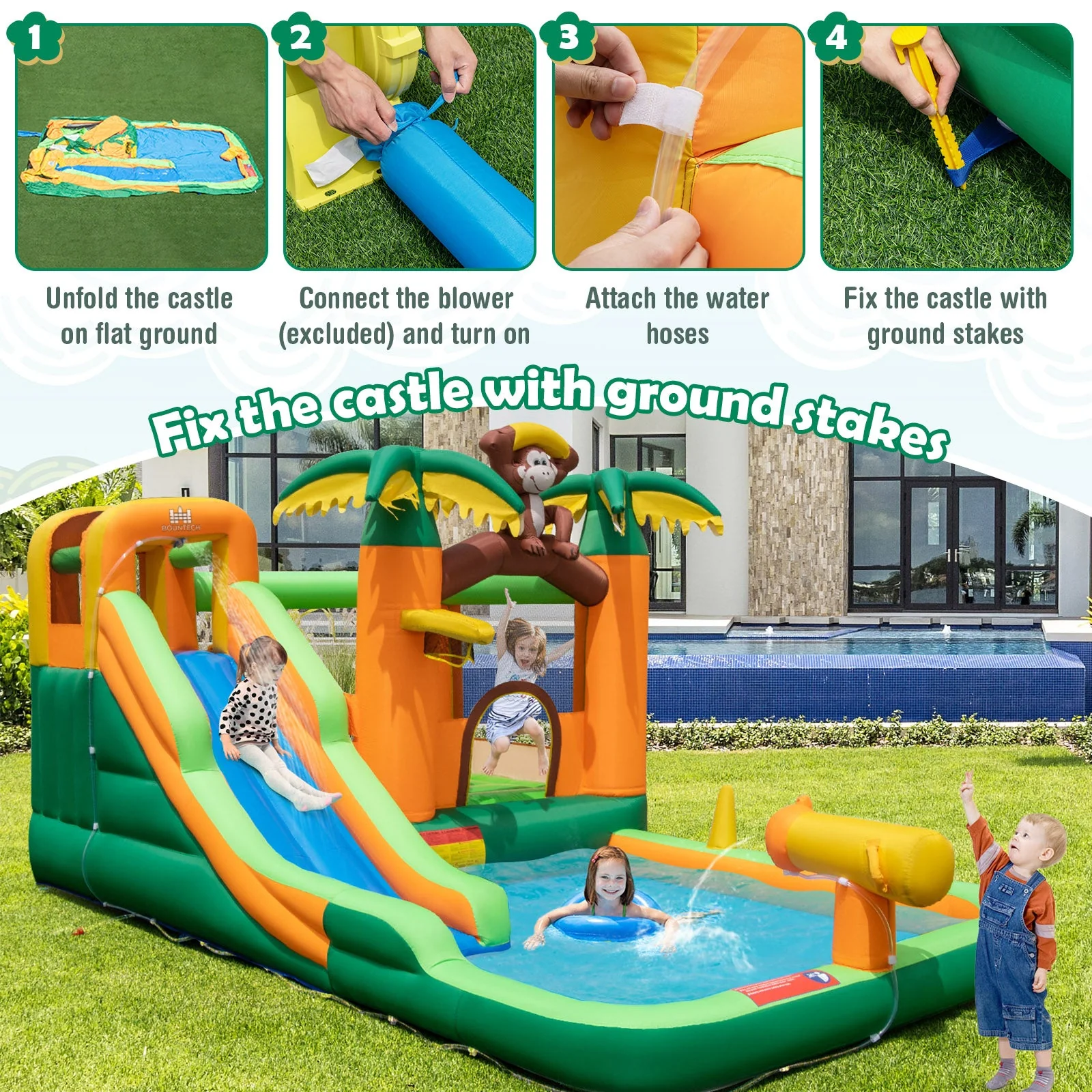 Monkey-Themed Inflatable Bounce House with Slide without Blower - Image 8
