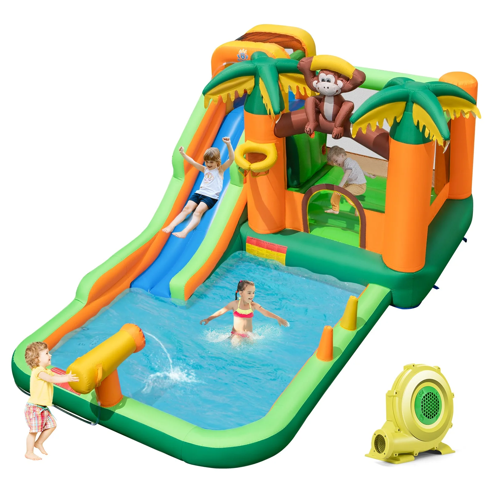 Monkey-Themed Inflatable Water Slide with Jumping Area and Pool with 680W Blower - Image 2