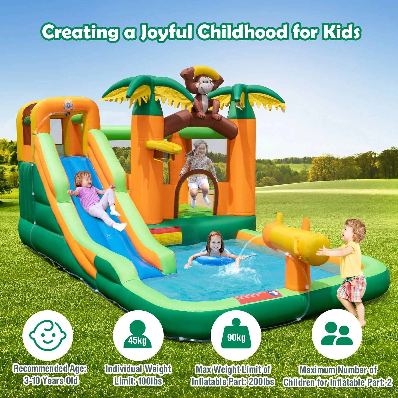 Monkey-Themed Inflatable Water Slide with Jumping Area and Pool with 680W Blower - Image 4
