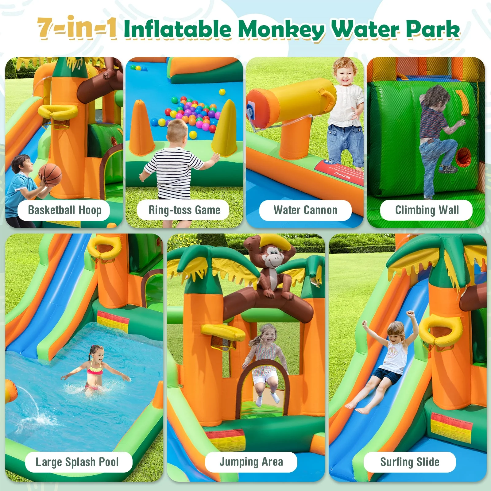 Monkey-Themed Inflatable Water Slide with Jumping Area and Pool with 680W Blower - Image 6