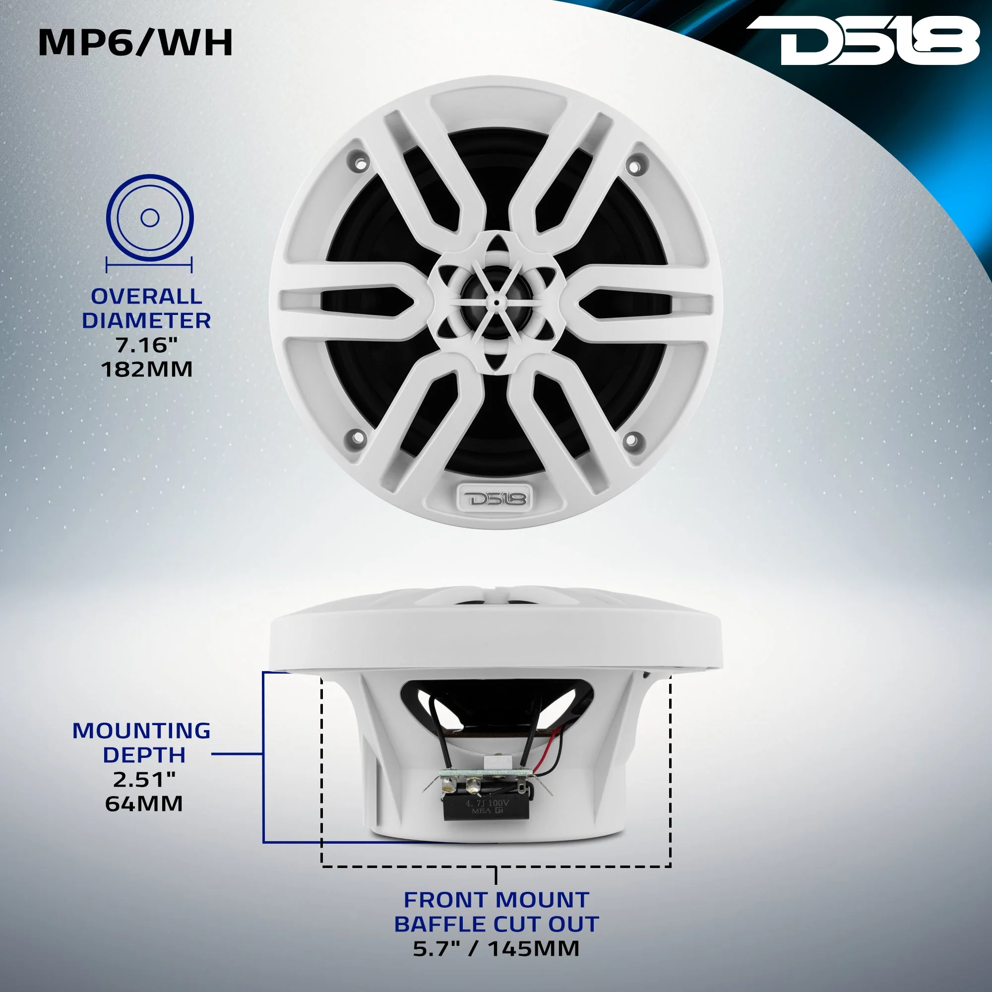 MP 6.5" 2-Way Coaxial Marine Speaker 60 Watts Rms 4-Ohm -White - Image 8