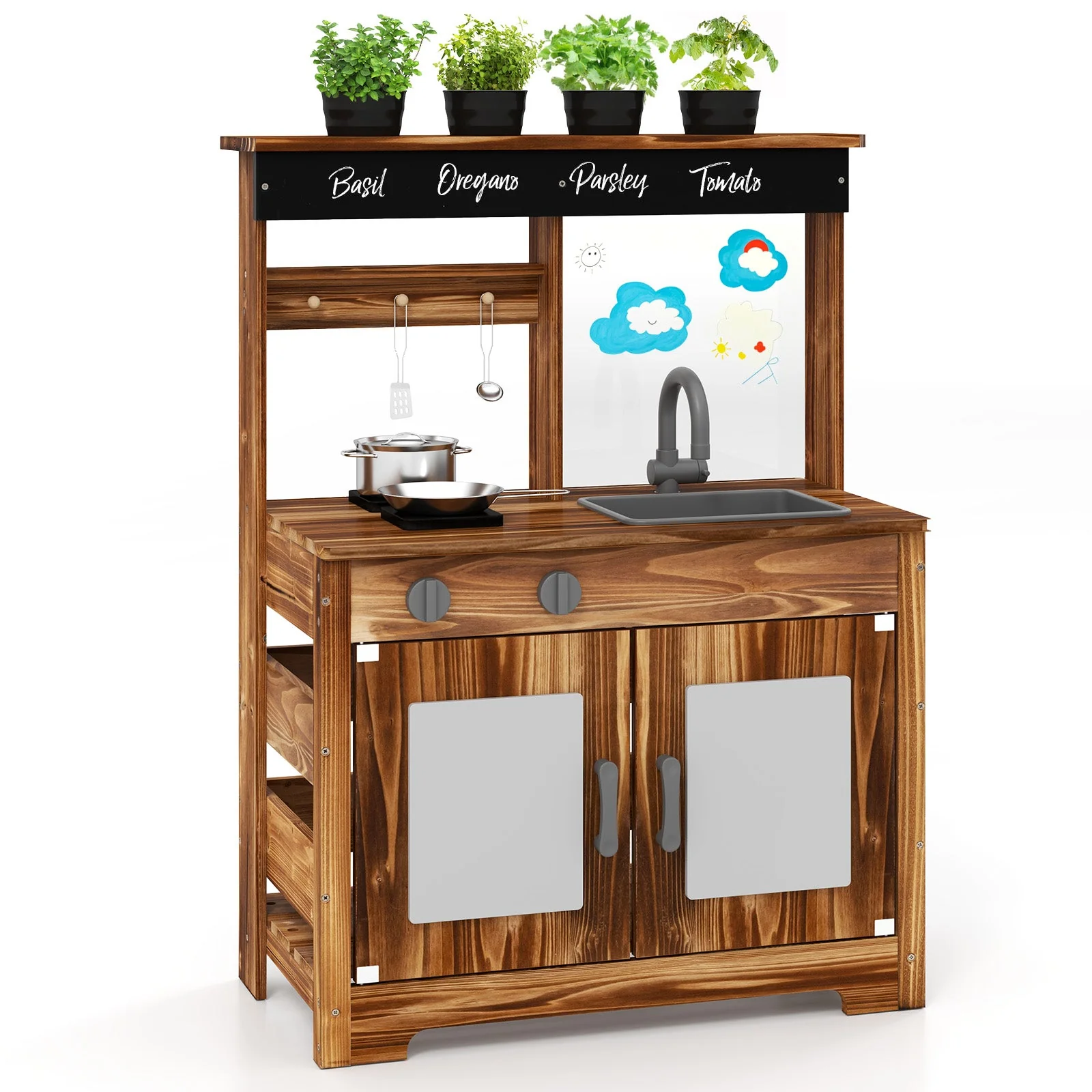 Mud Kitchen Fir Wood Play Kitchen with 4 Panting Pots Faucet Removable Sink-Natural - Image 2
