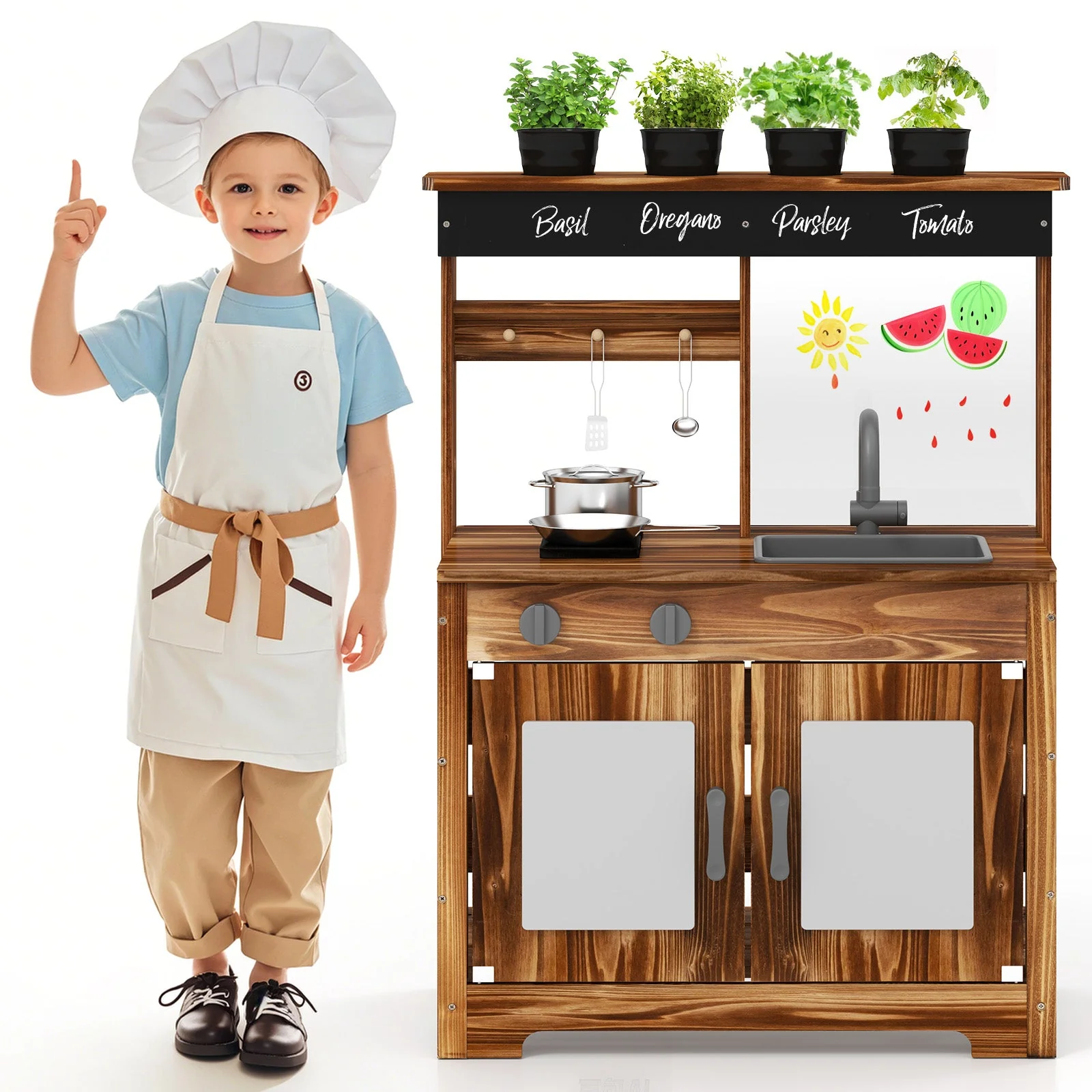 Mud Kitchen Fir Wood Play Kitchen with 4 Panting Pots Faucet Removable Sink-Natural - Image 3