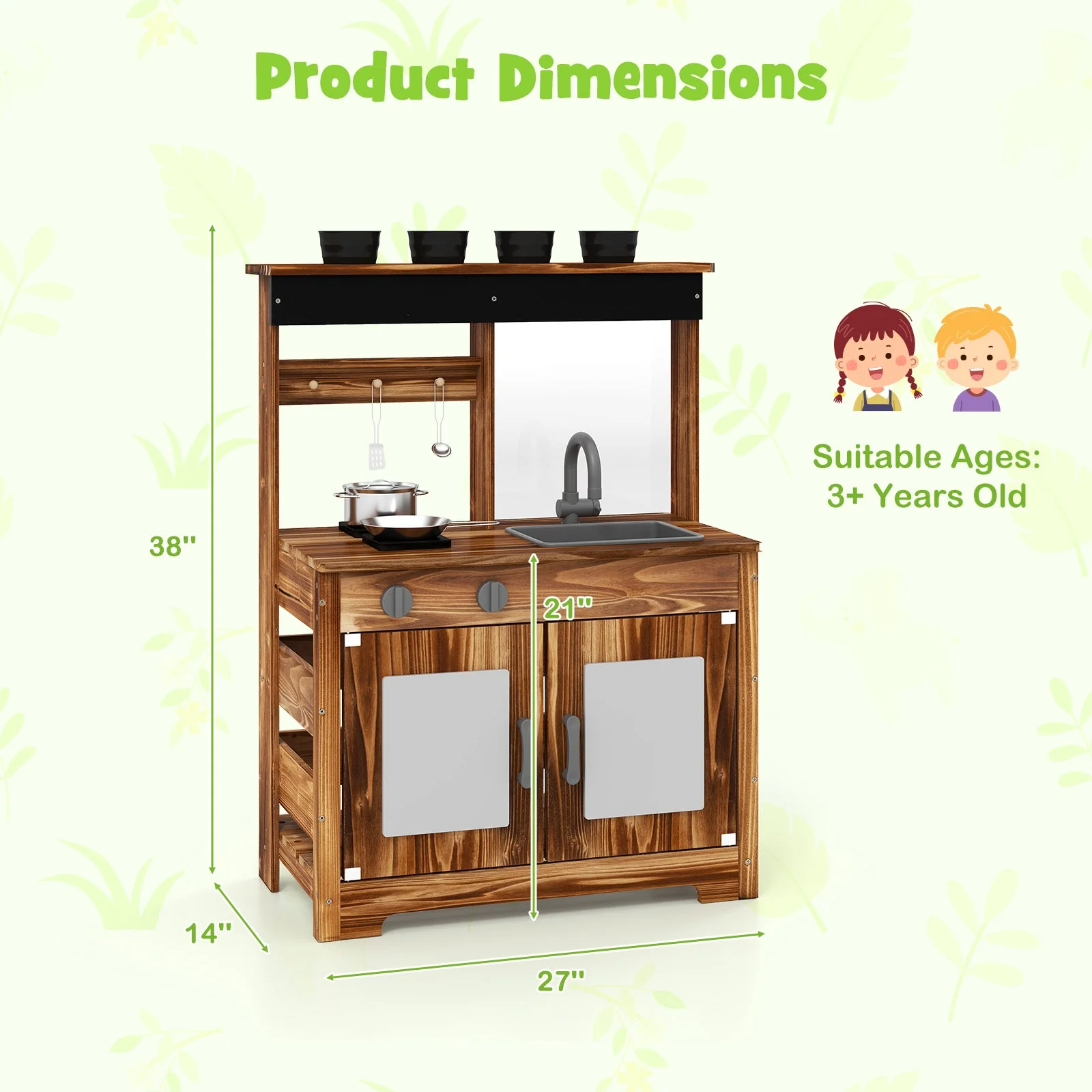 Mud Kitchen Fir Wood Play Kitchen with 4 Panting Pots Faucet Removable Sink-Natural - Image 4