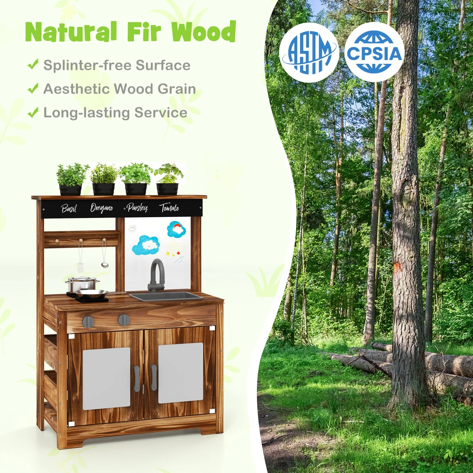 Mud Kitchen Fir Wood Play Kitchen with 4 Panting Pots Faucet Removable Sink-Natural - Image 5