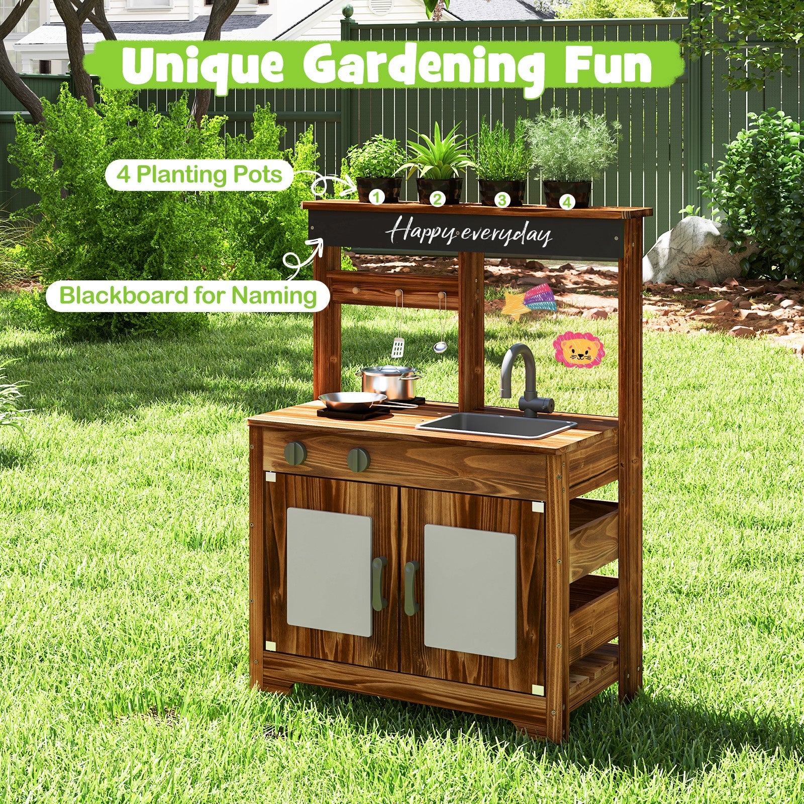 Mud Kitchen Fir Wood Play Kitchen with 4 Panting Pots Faucet Removable Sink-Natural - Image 6