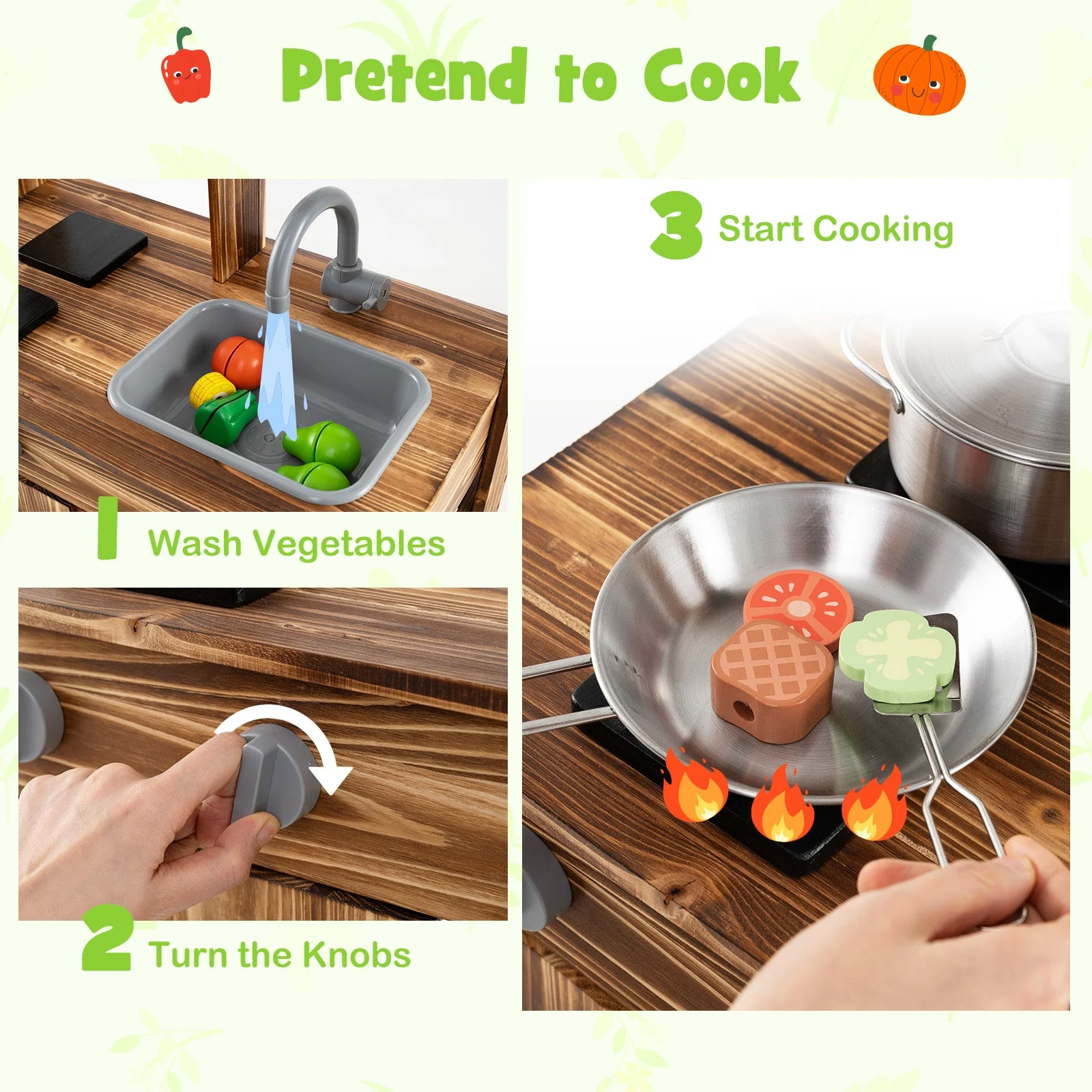 Mud Kitchen Fir Wood Play Kitchen with 4 Panting Pots Faucet Removable Sink-Natural - Image 7