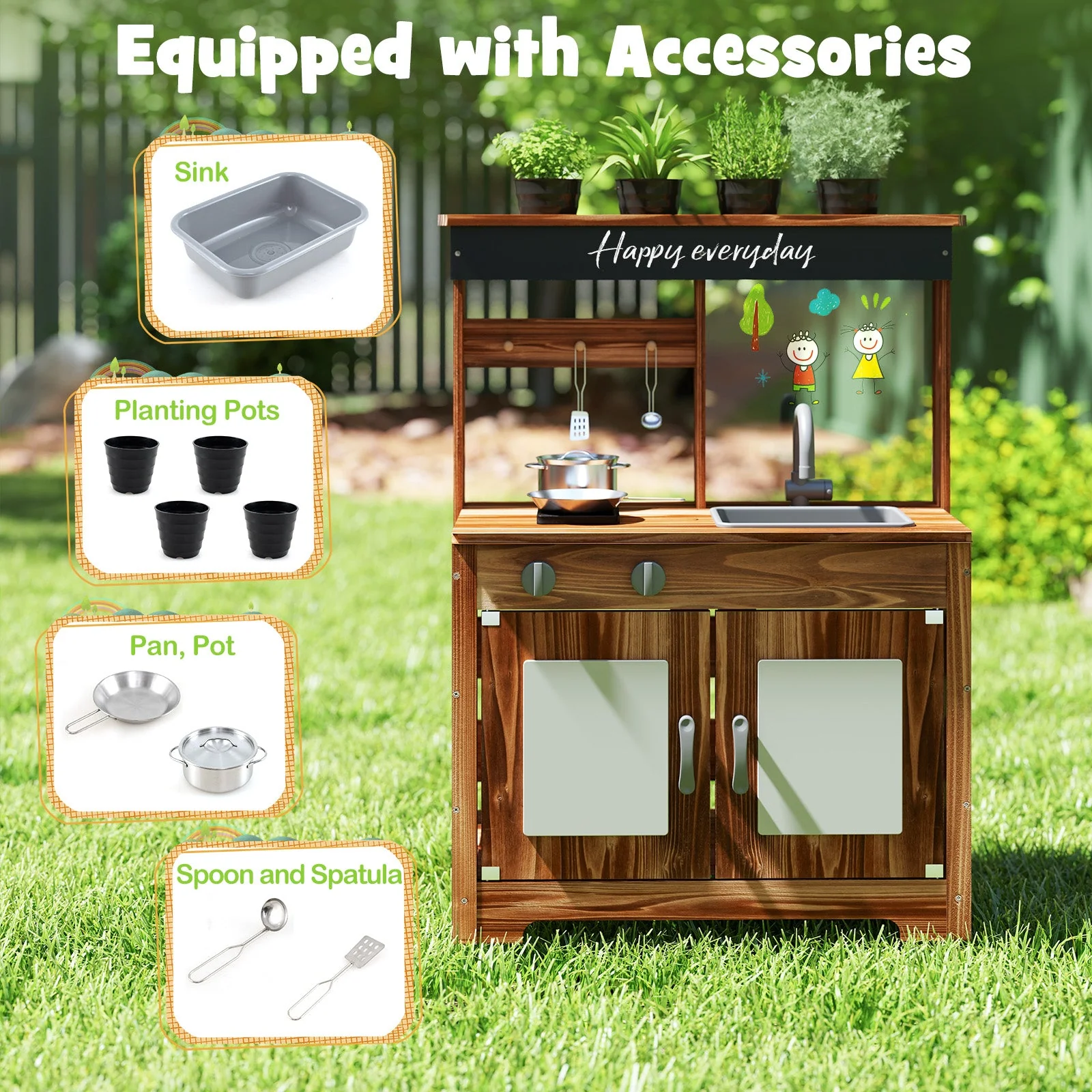 Mud Kitchen Fir Wood Play Kitchen with 4 Panting Pots Faucet Removable Sink-Natural - Image 8