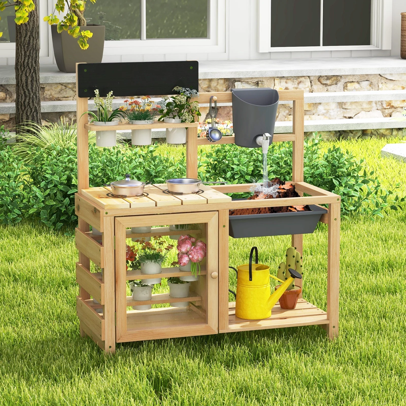 Mud Kitchen Playset with Sink and Plants Observation Room-Natural - Image 2