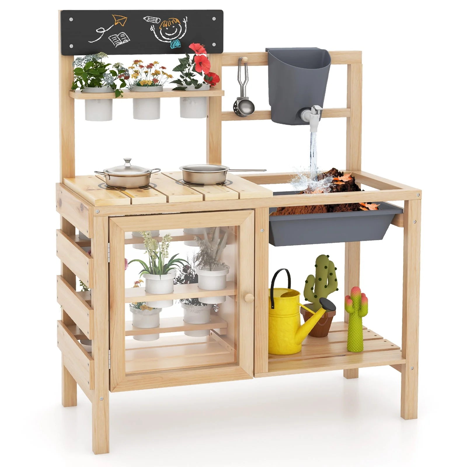 Mud Kitchen Playset with Sink and Plants Observation Room-Natural - Image 3