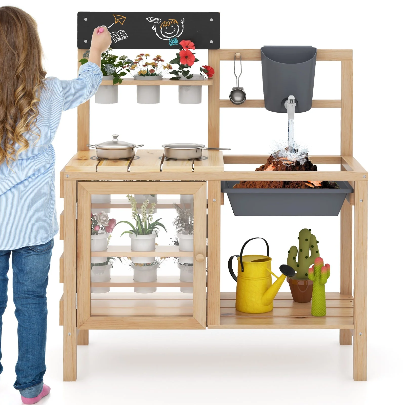 Mud Kitchen Playset with Sink and Plants Observation Room-Natural - Image 4