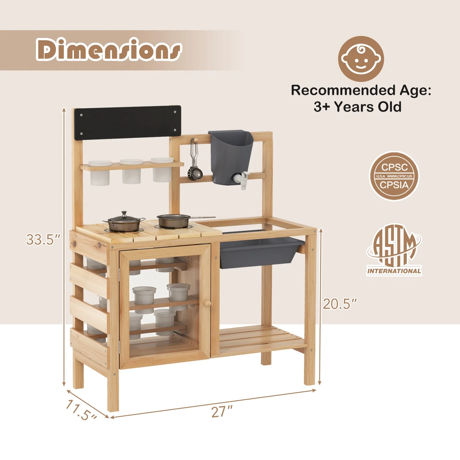 Mud Kitchen Playset with Sink and Plants Observation Room-Natural - Image 5