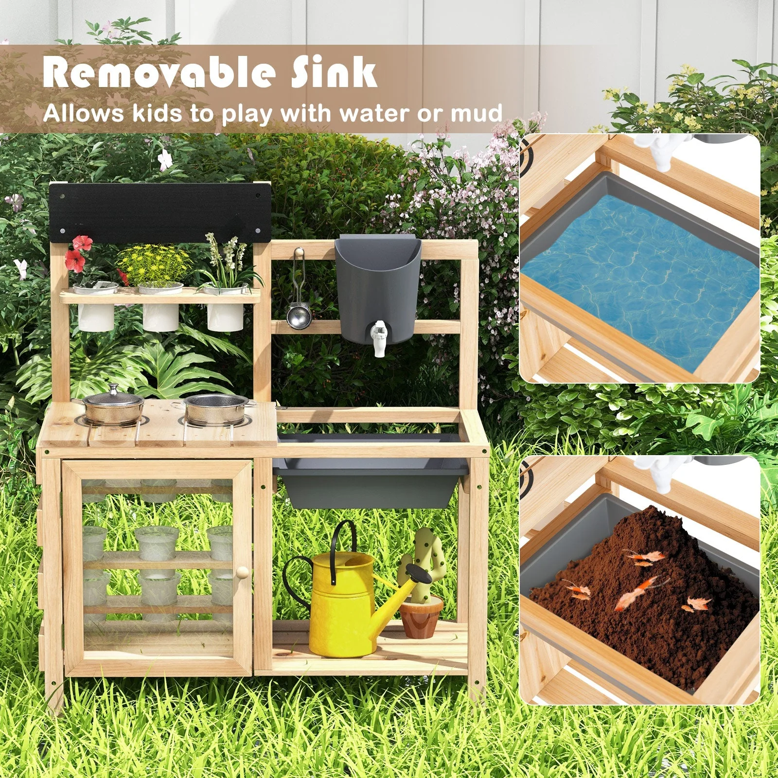 Mud Kitchen Playset with Sink and Plants Observation Room-Natural - Image 6