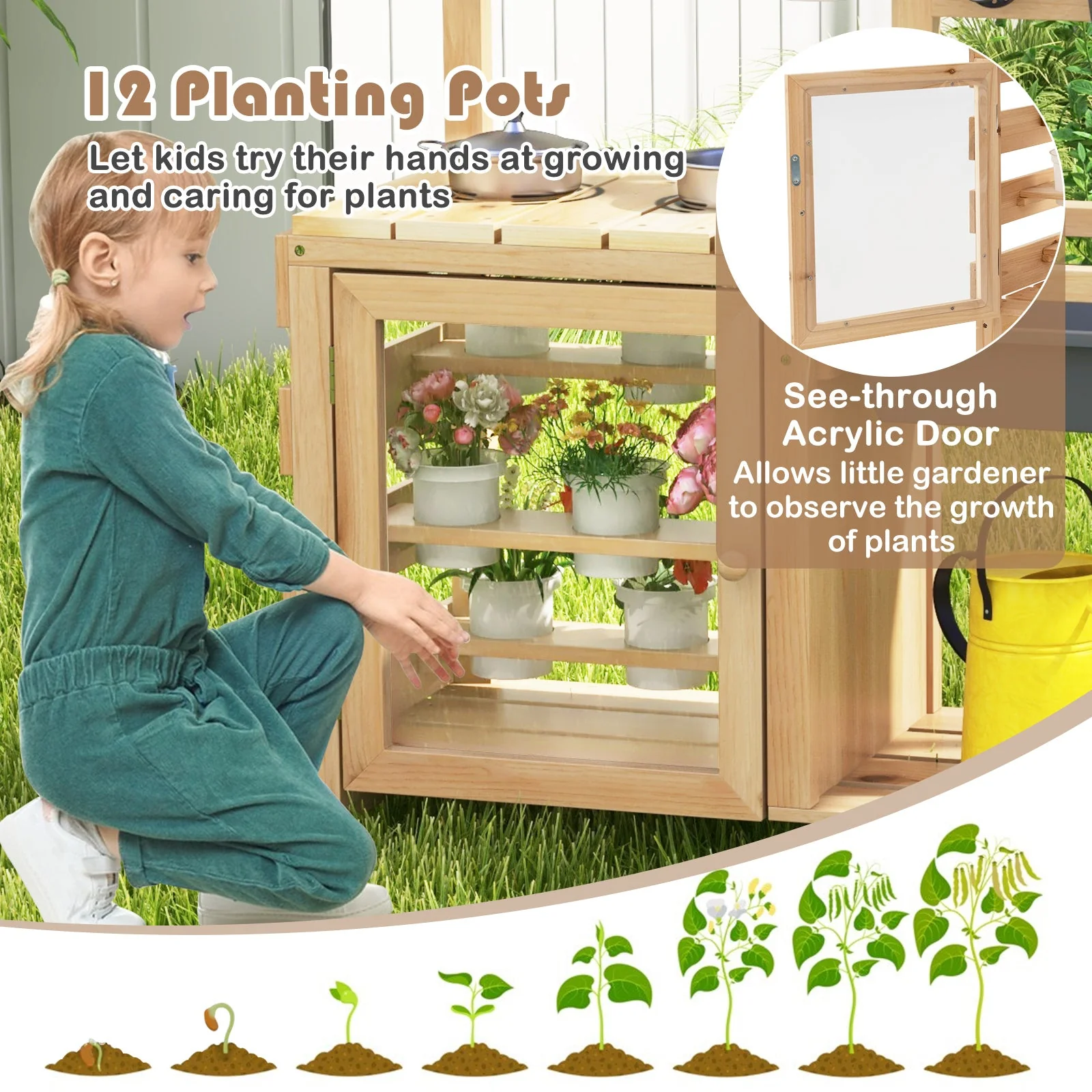 Mud Kitchen Playset with Sink and Plants Observation Room-Natural - Image 7