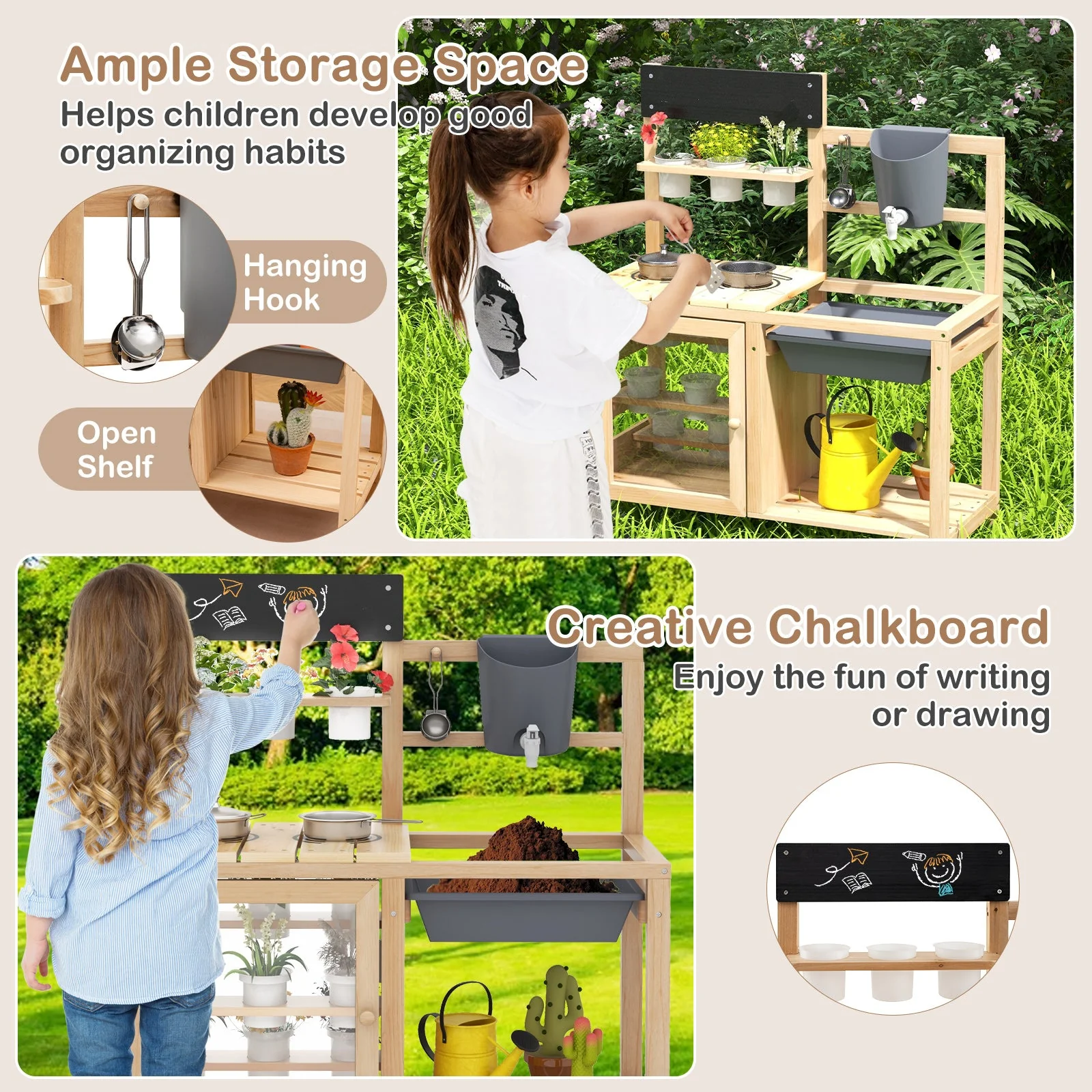 Mud Kitchen Playset with Sink and Plants Observation Room-Natural - Image 8