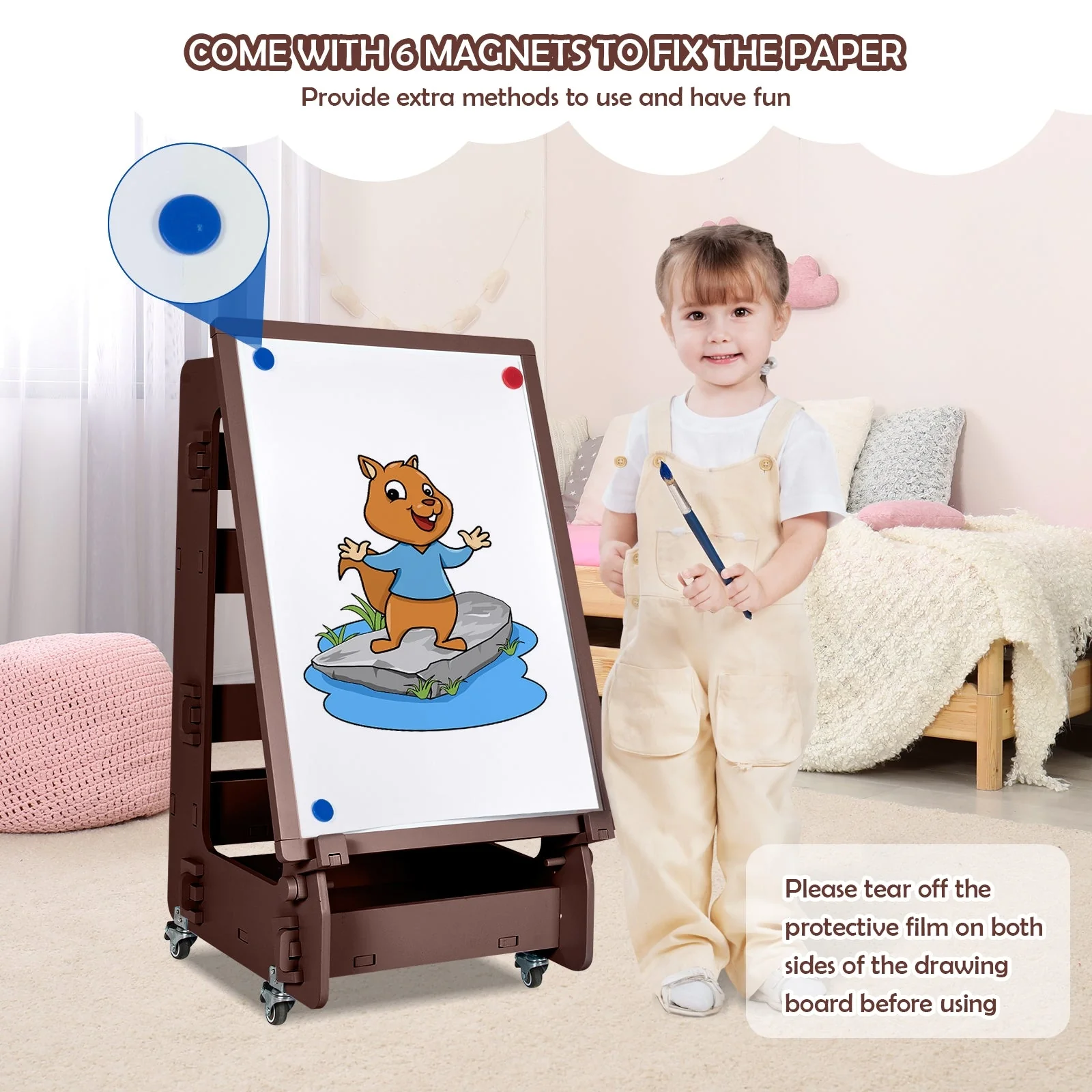 Multifunctional Kids' Standing Art Easel with Dry-Erase Board -Coffee - Image 2