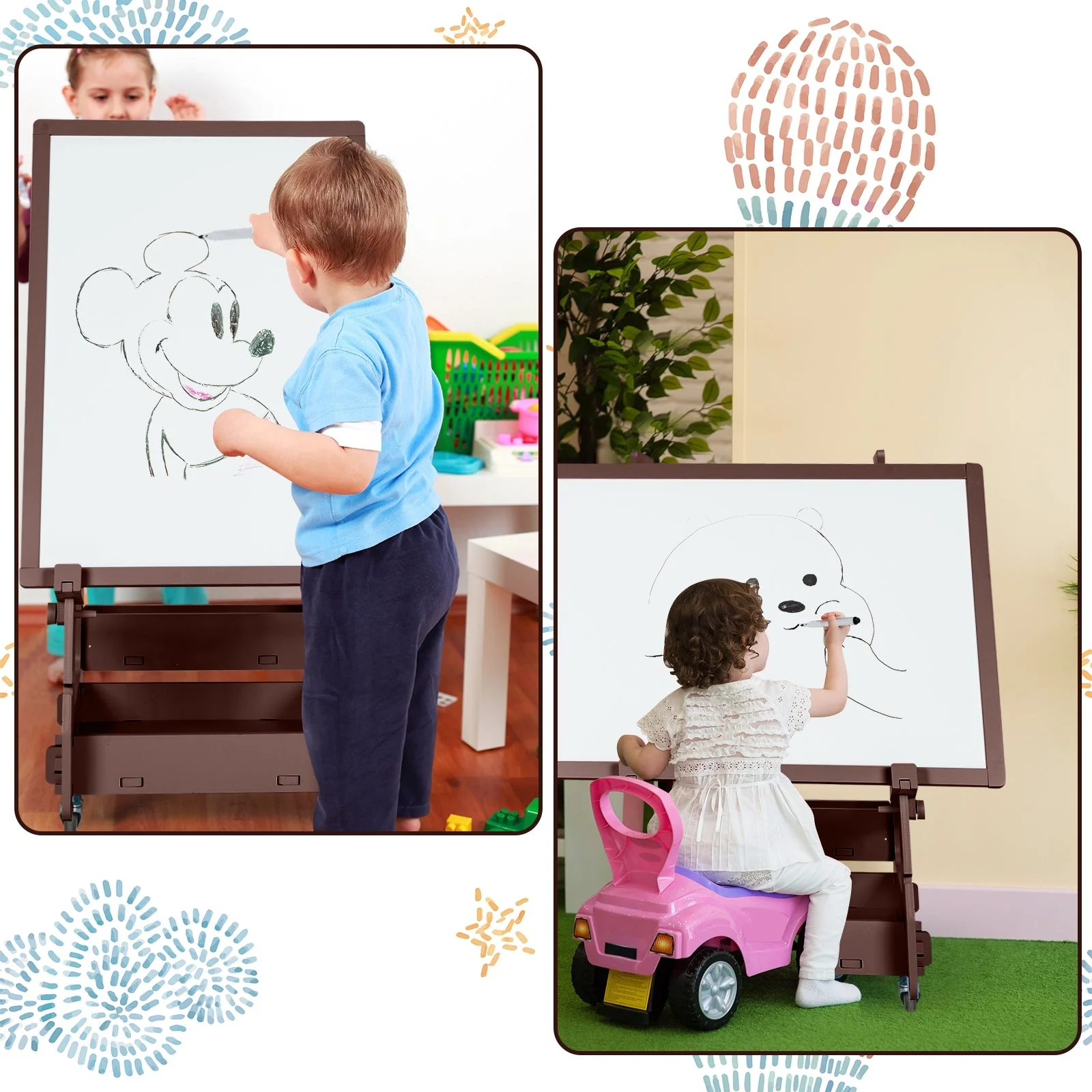 Multifunctional Kids' Standing Art Easel with Dry-Erase Board -Coffee - Image 7