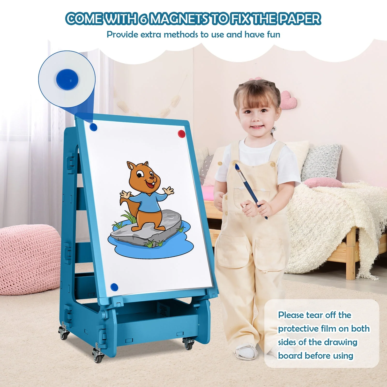 Multifunctional Kids' Standing Art Easel with Dry-Erase Board -Navy - Image 2