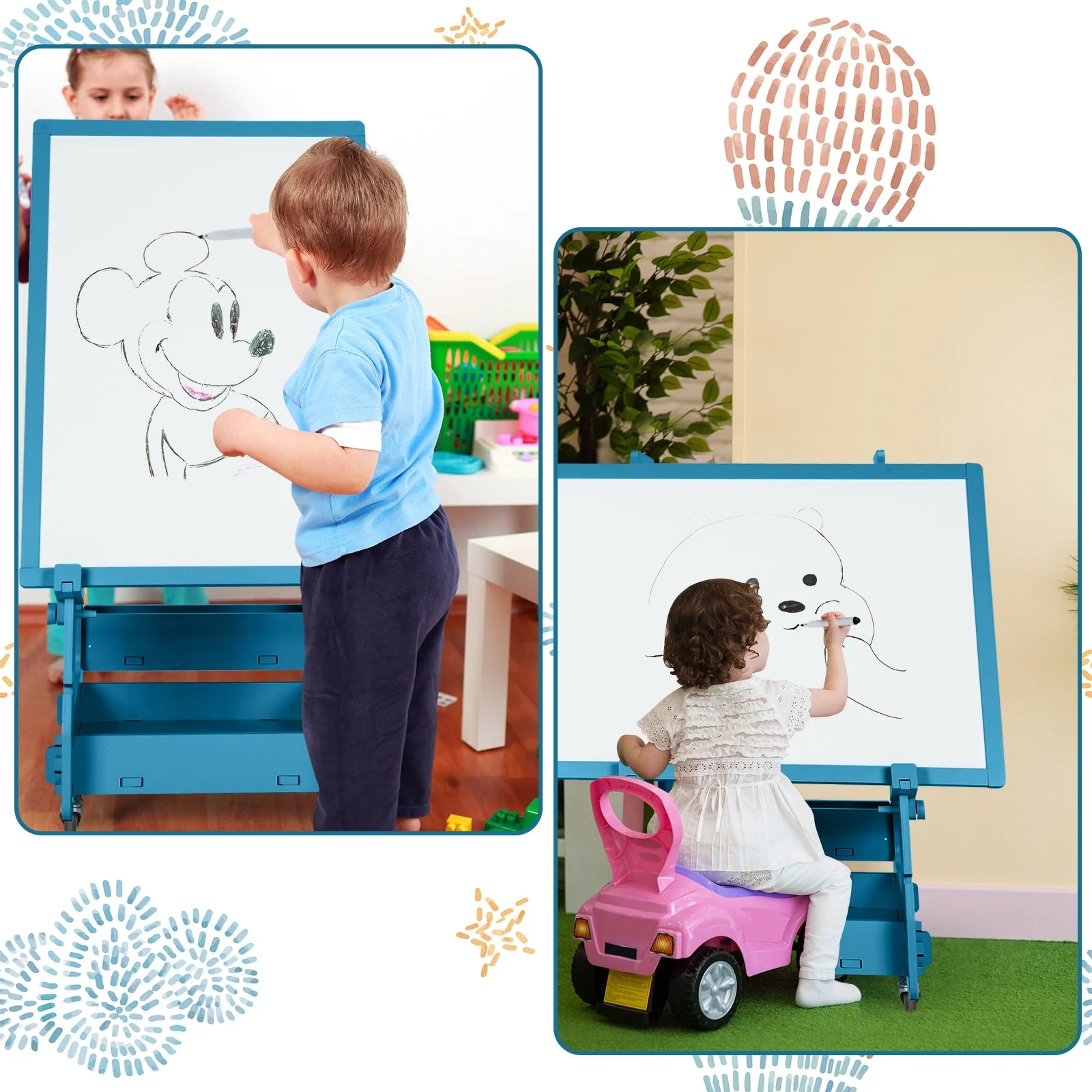 Multifunctional Kids' Standing Art Easel with Dry-Erase Board -Navy - Image 7
