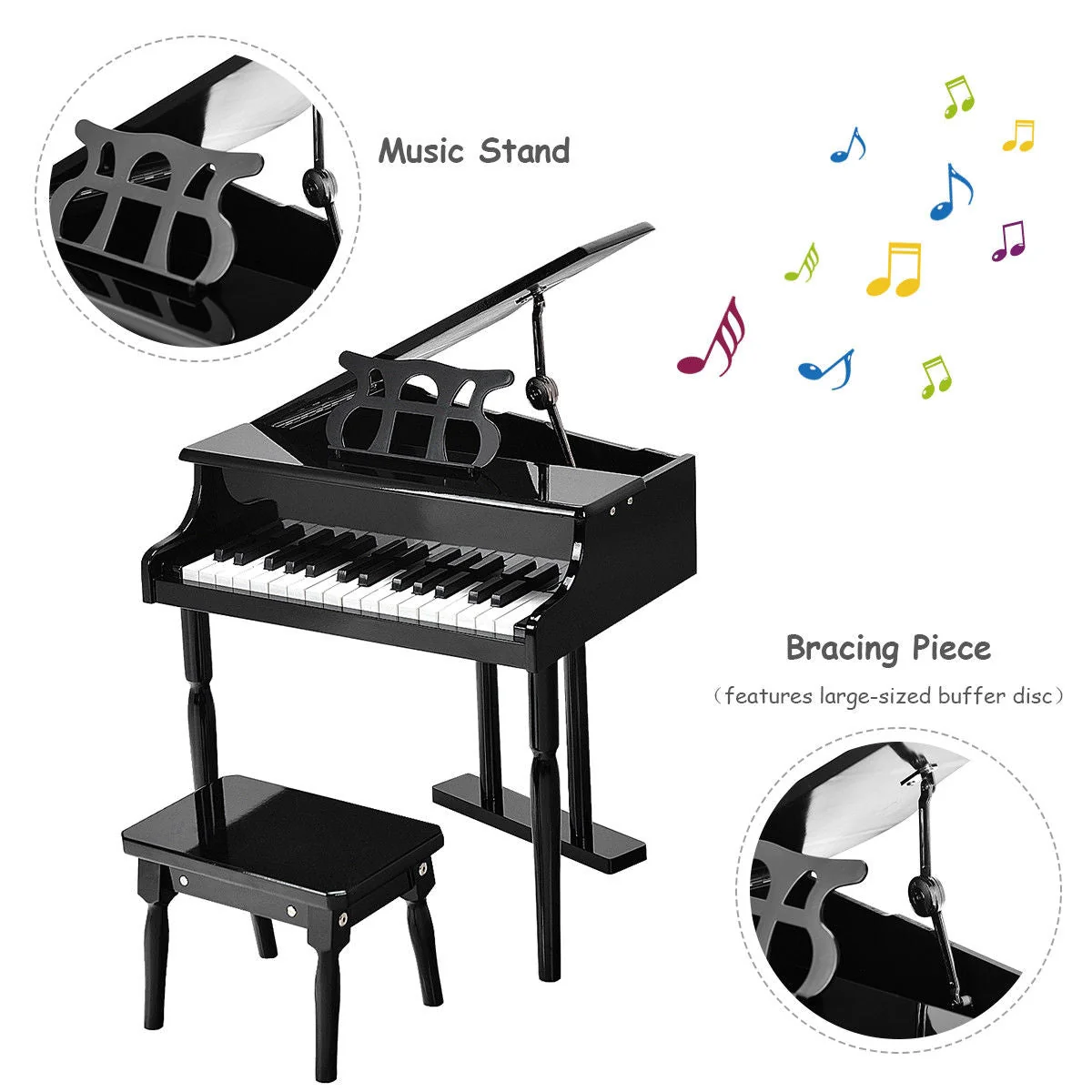 Musical Instrument Toy 30-Key Children Mini Grand Piano with Bench-Black - Image 6