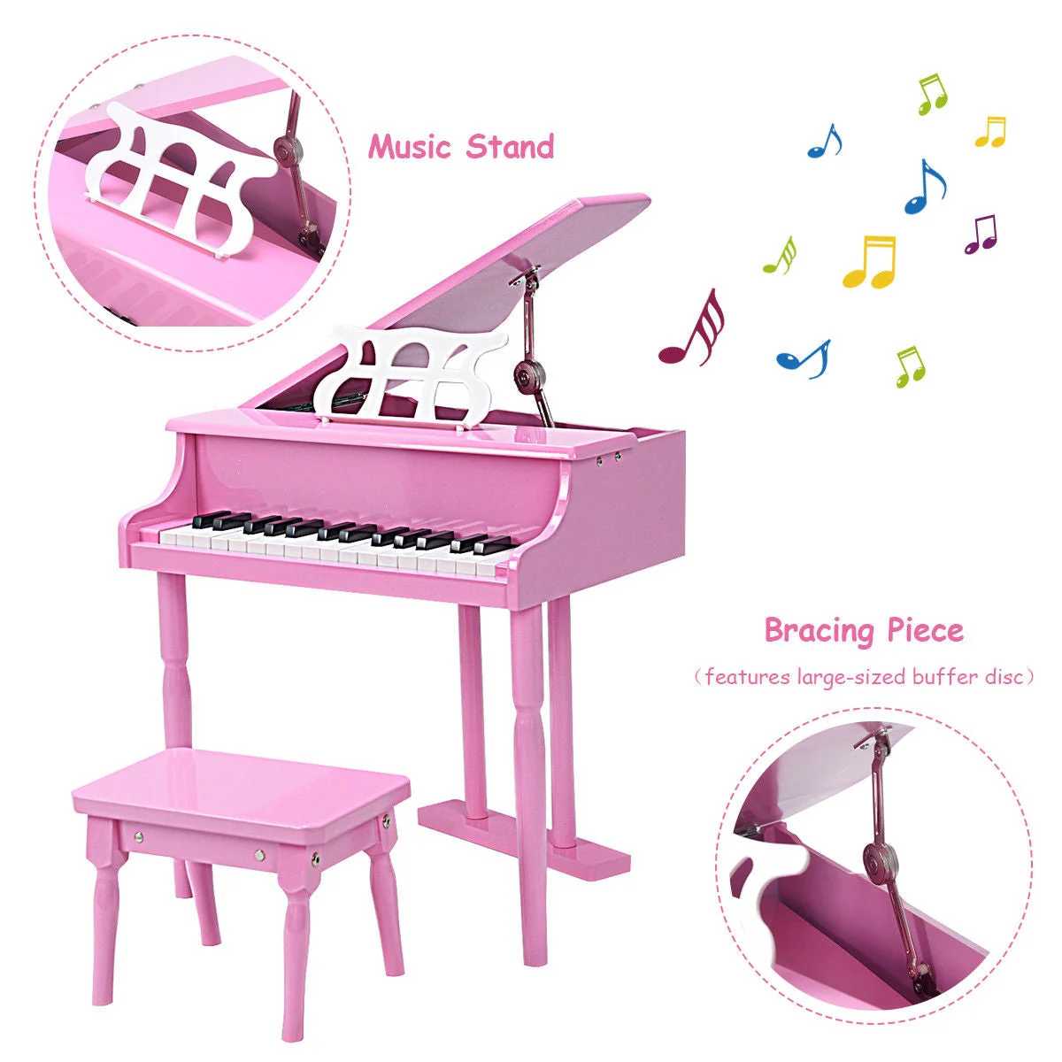 Musical Instrument Toy 30-Key Children Mini Grand Piano with Bench-Pink - Image 8
