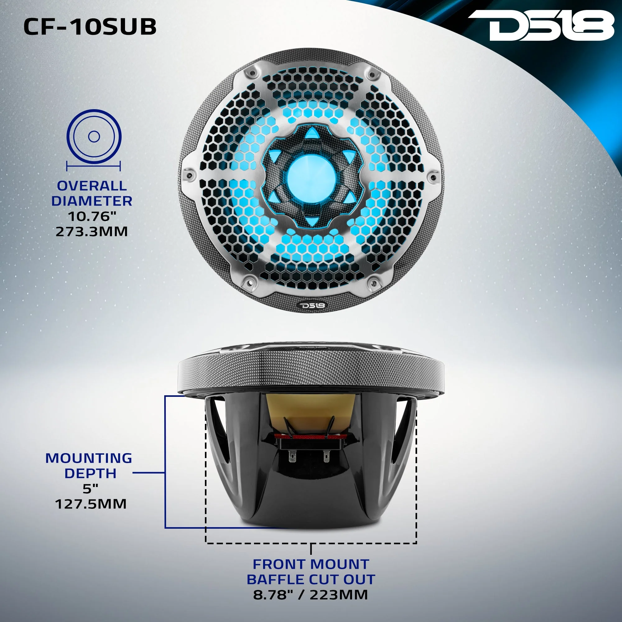 NXL 10" Marine Subwoofer With LED RGB Lights 300 Watts Rms SVC 4-Ohm -Black Carbon Fiber - Image 9