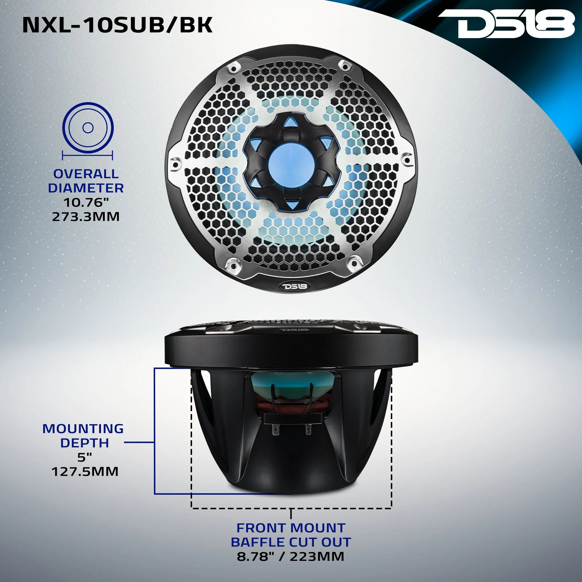 NXL 10" Marine Subwoofer with RGB LED Lights 300 Watts Rms SVC 4-Ohm - Black - Image 11