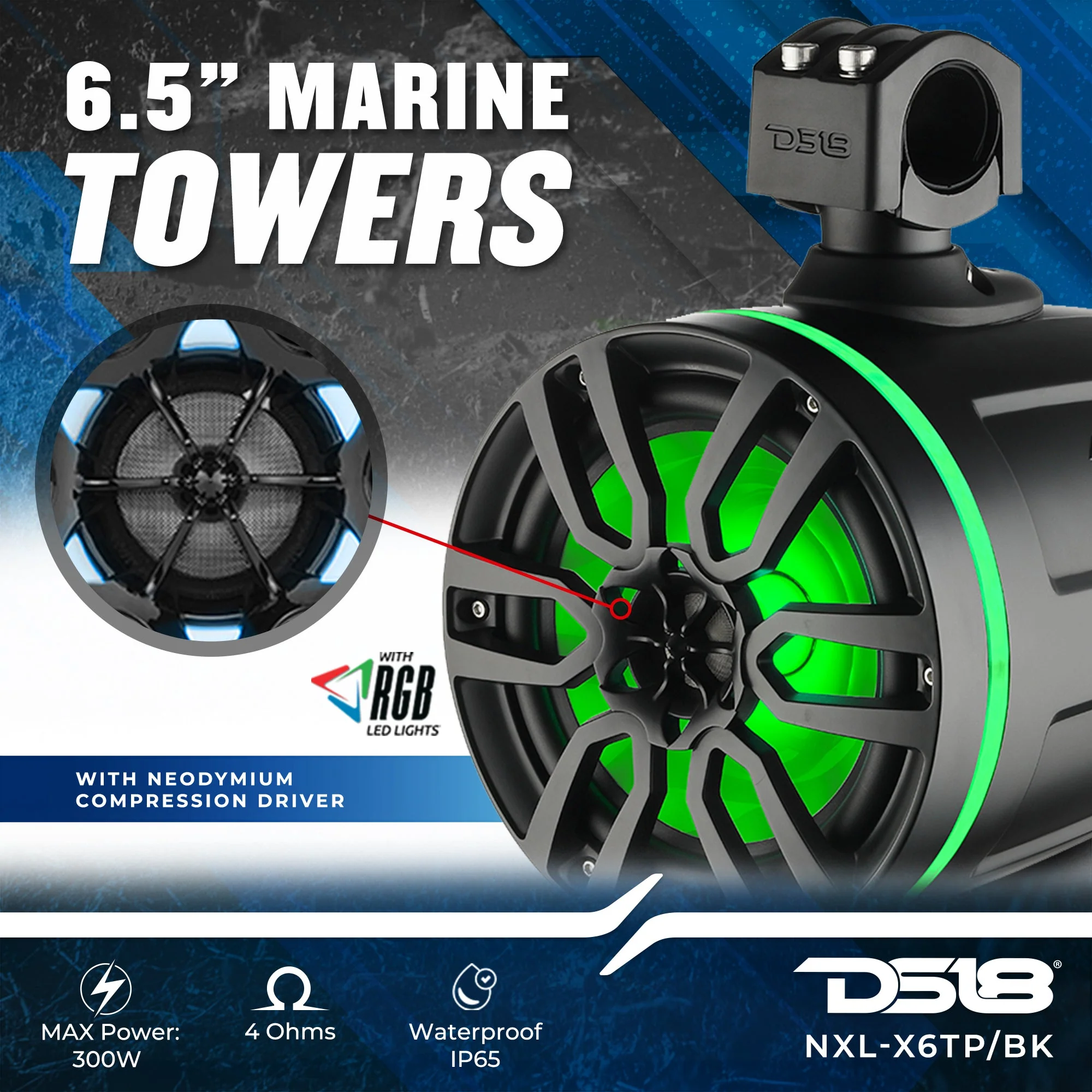 NXL 6.5" Marine and Powersports Towers LED RGB Lights 100 Watts Rms - Black - Image 2