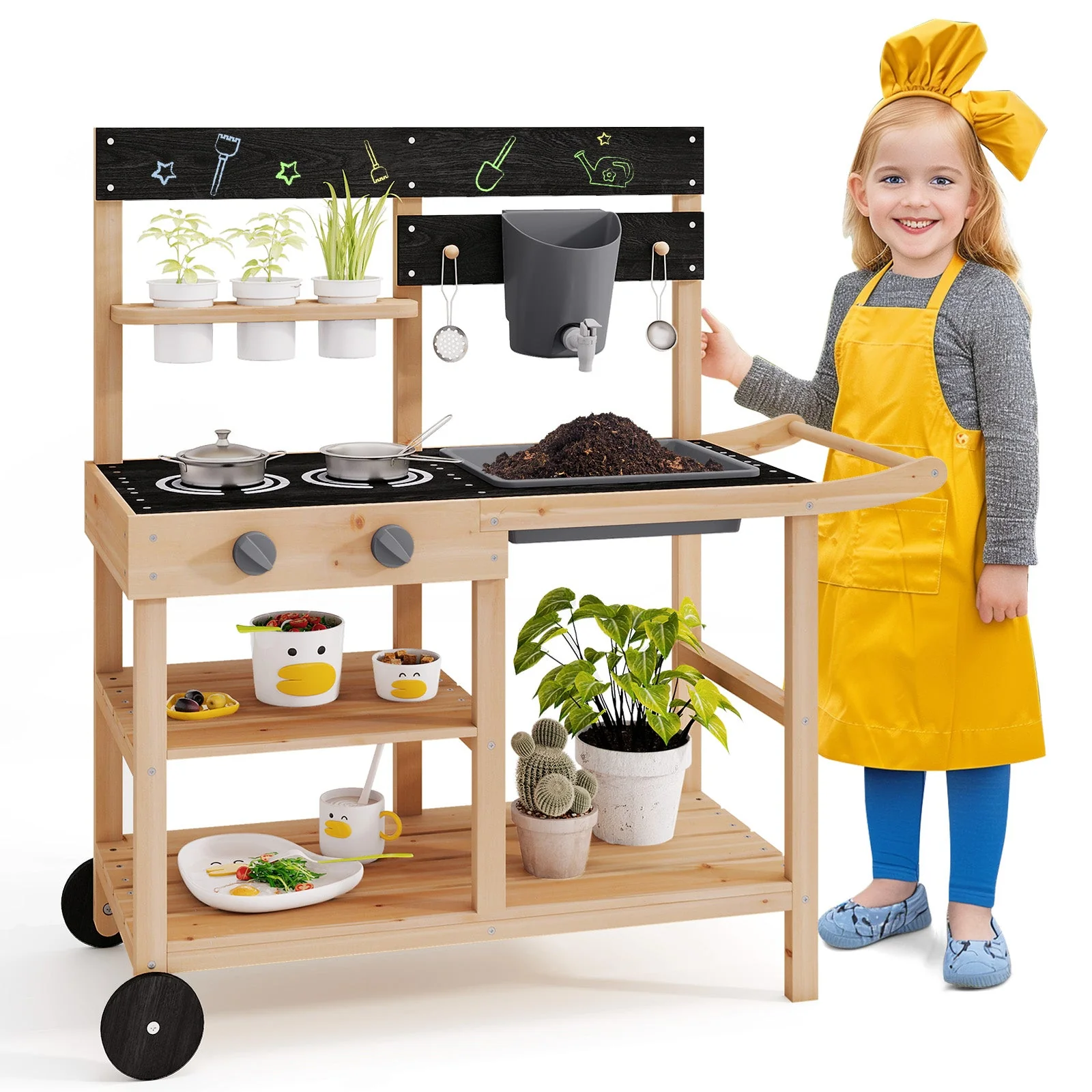 Outdoor Fir Wood Play Kitchen with Blackboard and Planting Pots-Natural - Image 2