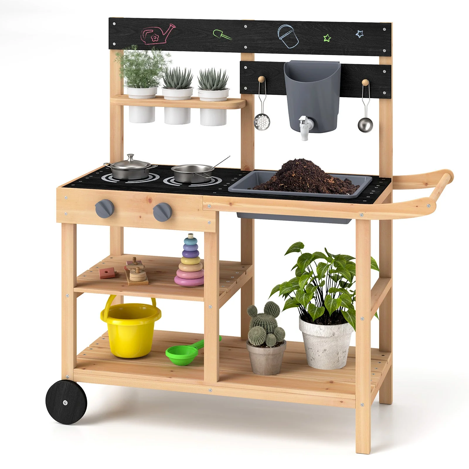 Outdoor Fir Wood Play Kitchen with Blackboard and Planting Pots-Natural - Image 3