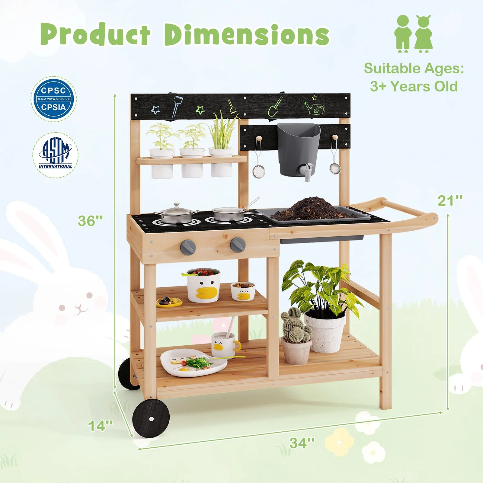 Outdoor Fir Wood Play Kitchen with Blackboard and Planting Pots-Natural - Image 4