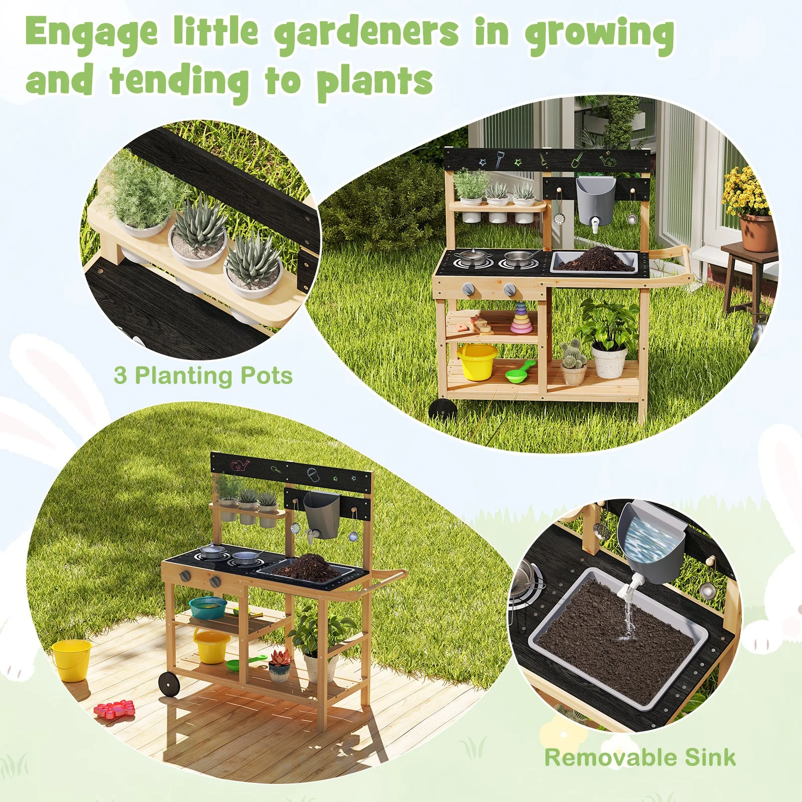 Outdoor Fir Wood Play Kitchen with Blackboard and Planting Pots-Natural - Image 6