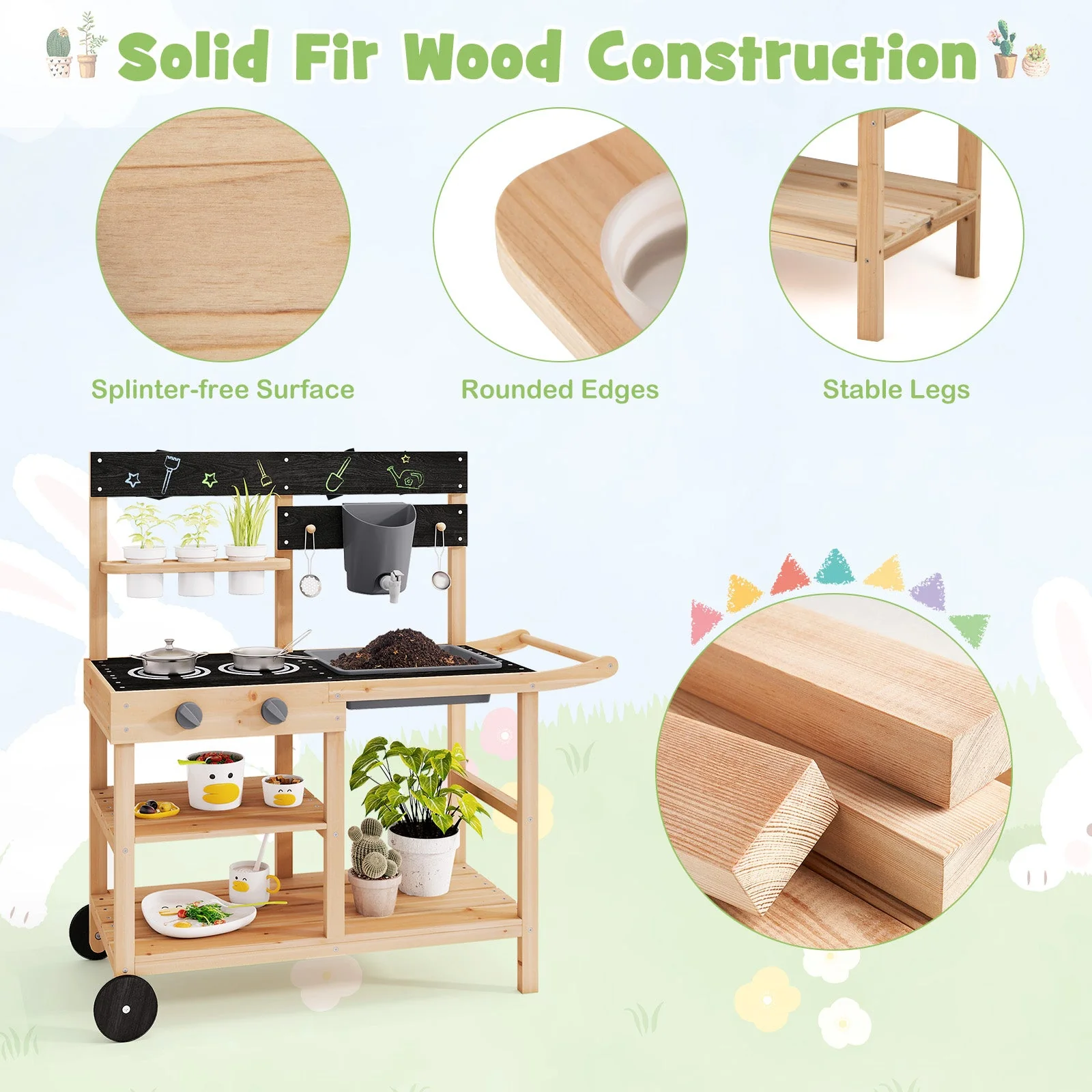 Outdoor Fir Wood Play Kitchen with Blackboard and Planting Pots-Natural - Image 7