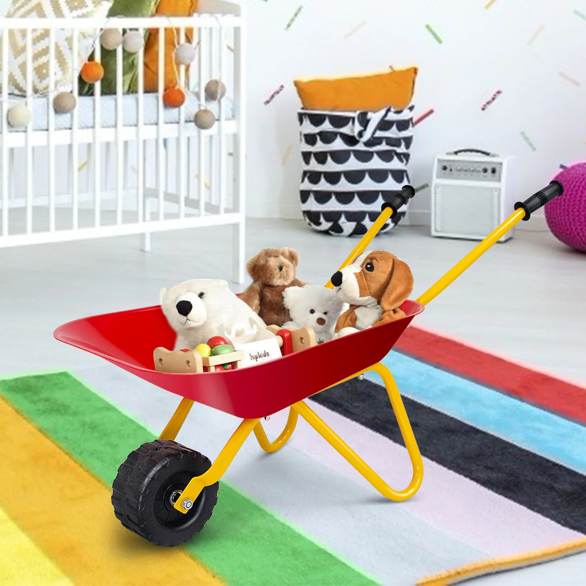 Outdoor Garden Backyard Play Toy Kids Metal Wheelbarrow-Red - Image 2