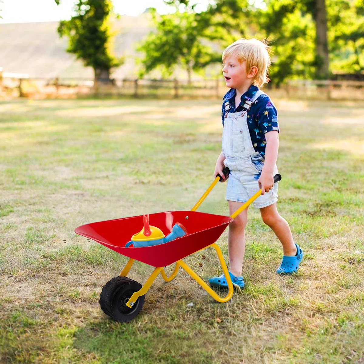 Outdoor Garden Backyard Play Toy Kids Metal Wheelbarrow-Red - Image 6