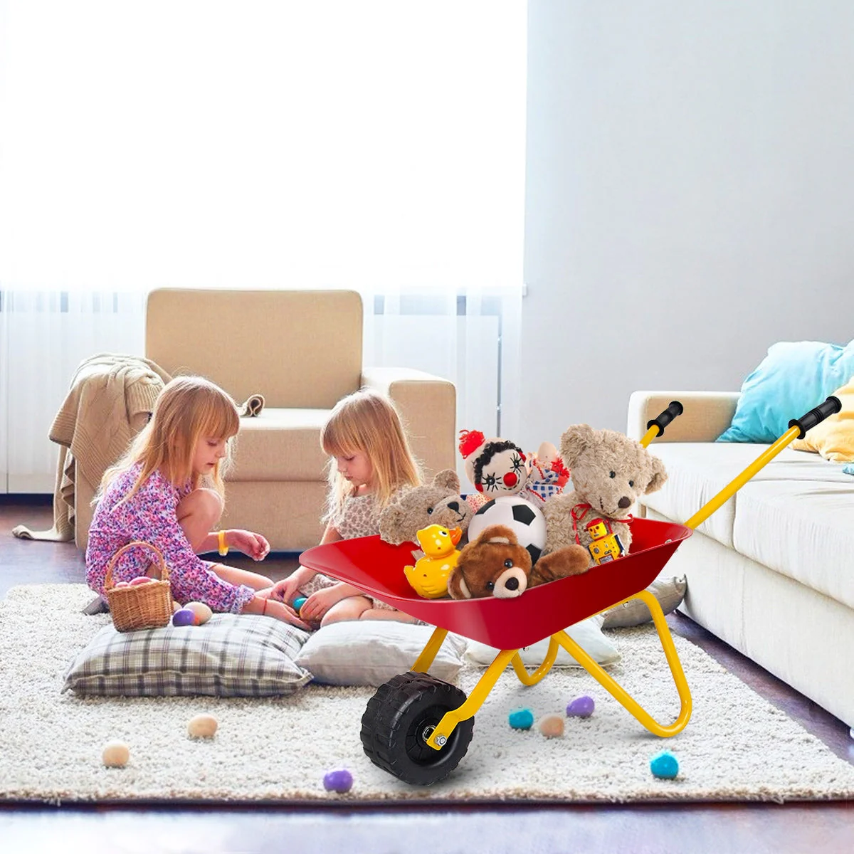 Outdoor Garden Backyard Play Toy Kids Metal Wheelbarrow-Red - Image 8