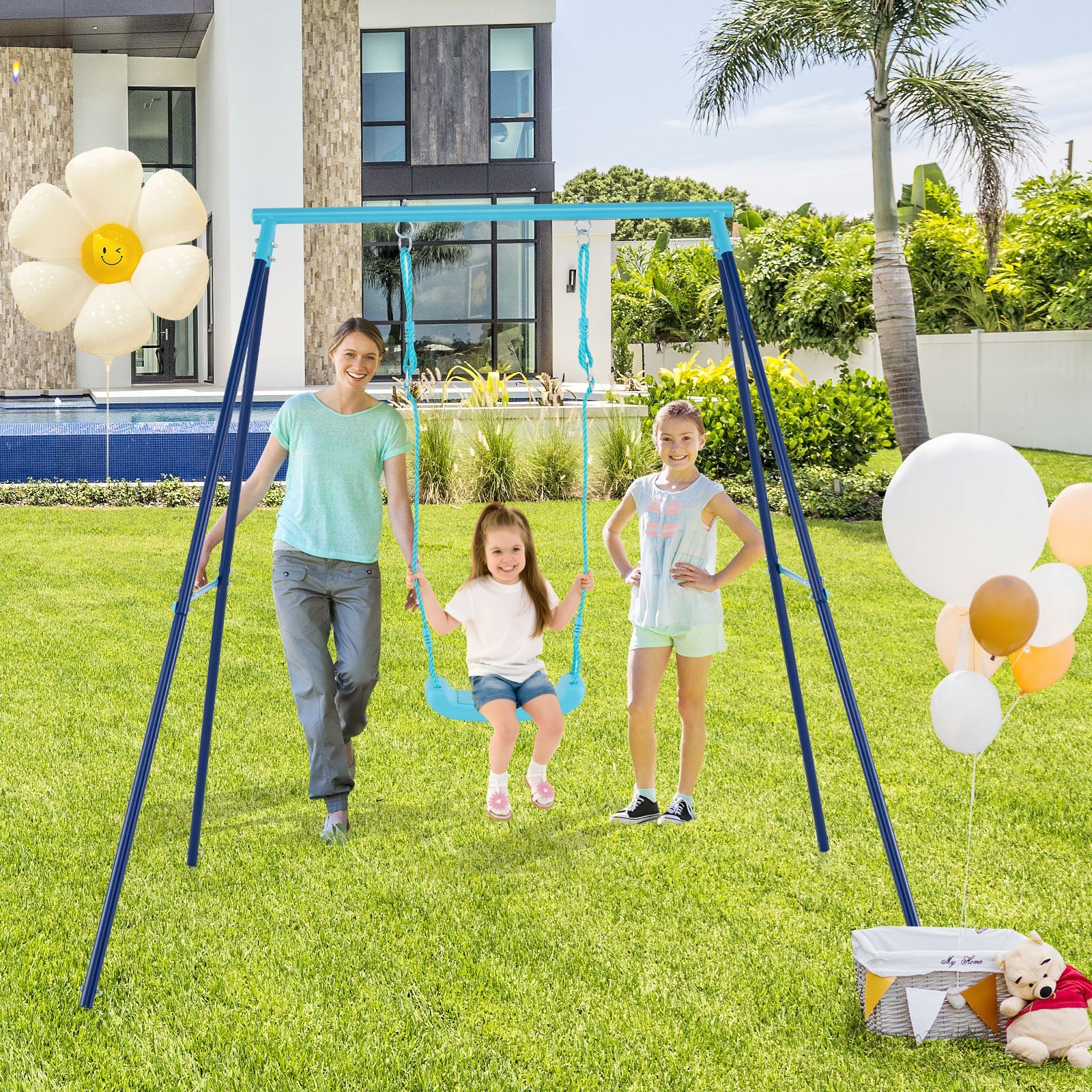 Outdoor Heavy Duty Metal Toddler Swing Set with Stand-Blue - Image 2