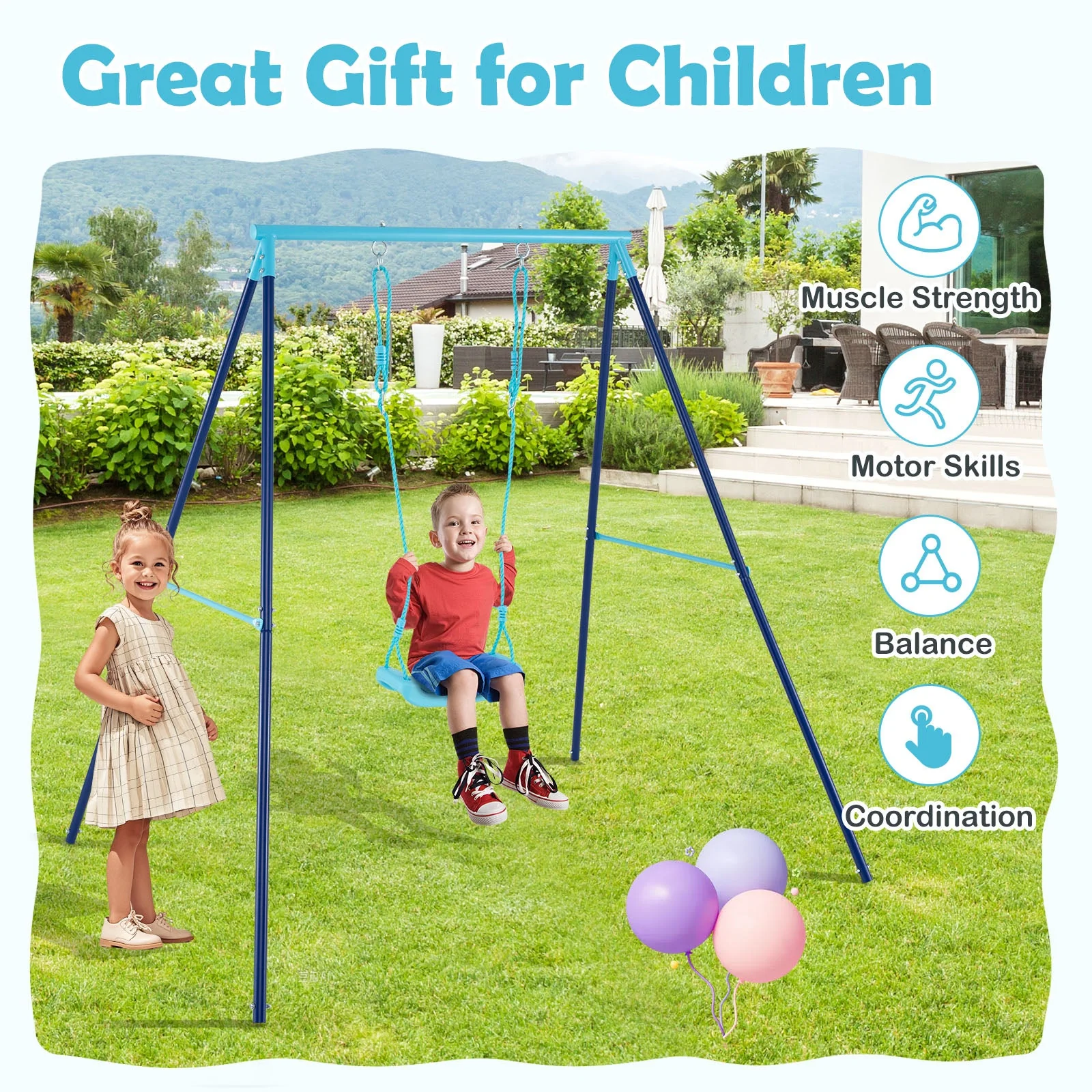 Outdoor Heavy Duty Metal Toddler Swing Set with Stand-Blue - Image 8