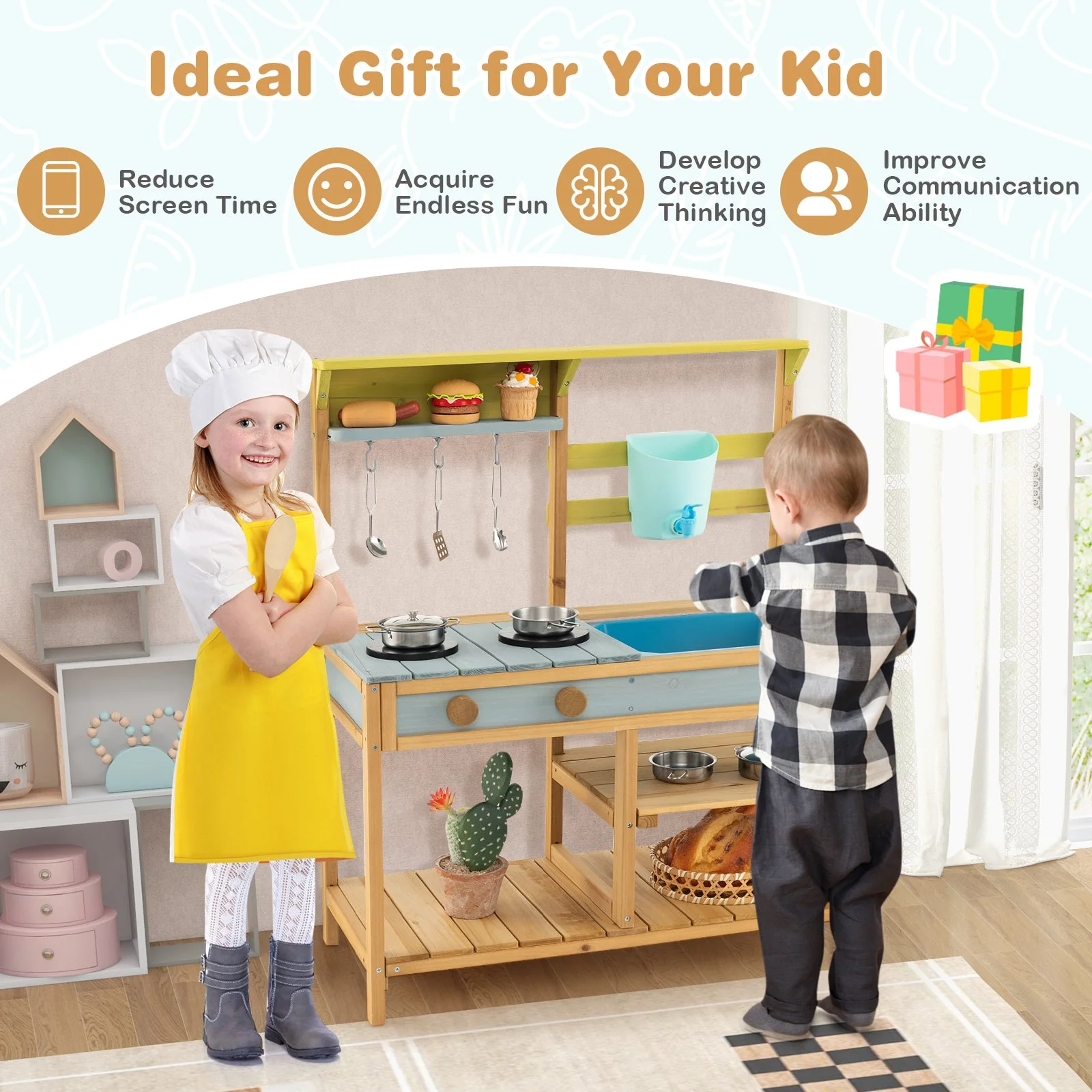 Outdoor Kids Mud Kitchen with Faucet and Water Box - Image 7