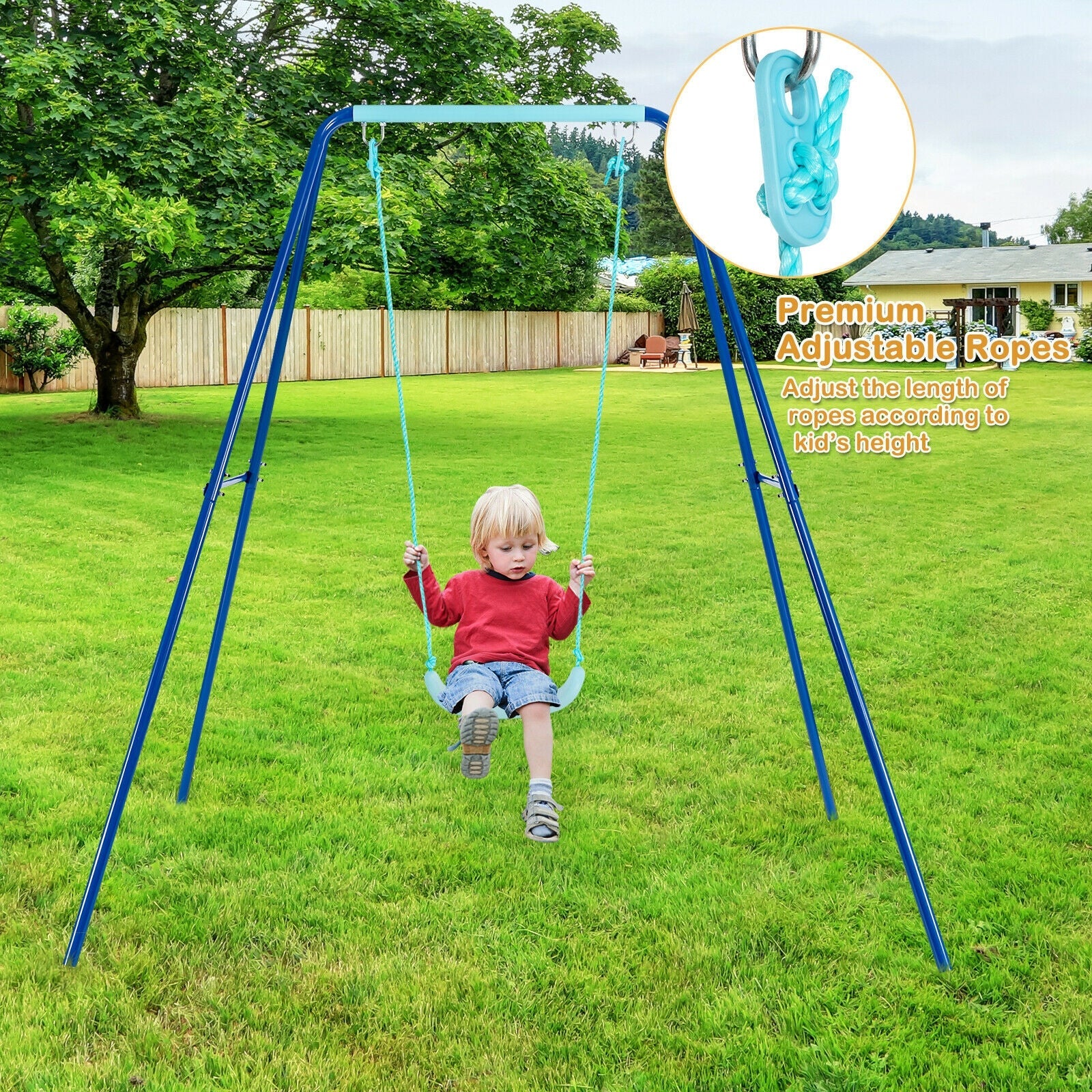 Outdoor Kids Swing Set with Heavy-Duty Metal A-Frame and Ground Stakes-Blue - Image 2