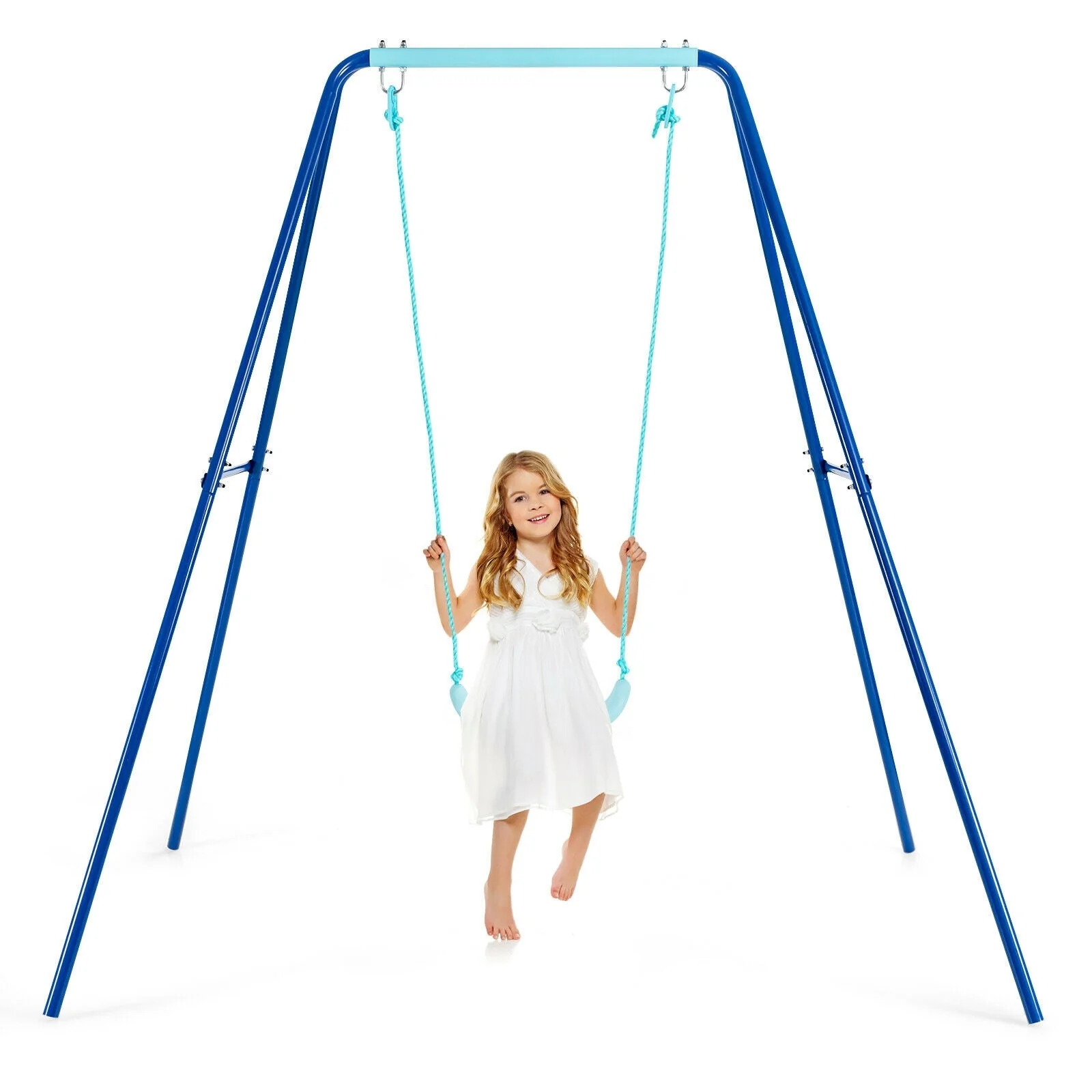 Outdoor Kids Swing Set with Heavy-Duty Metal A-Frame and Ground Stakes-Blue - Image 4