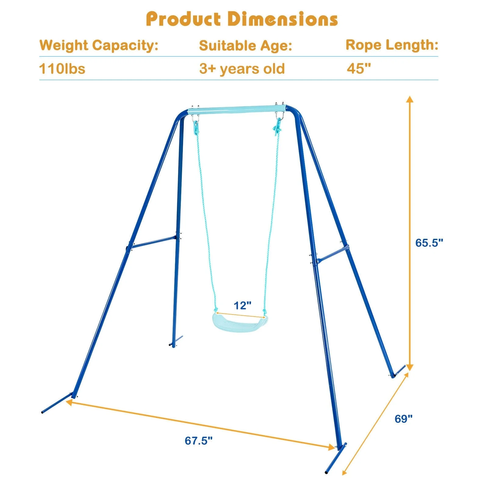 Outdoor Kids Swing Set with Heavy-Duty Metal A-Frame and Ground Stakes-Blue - Image 5