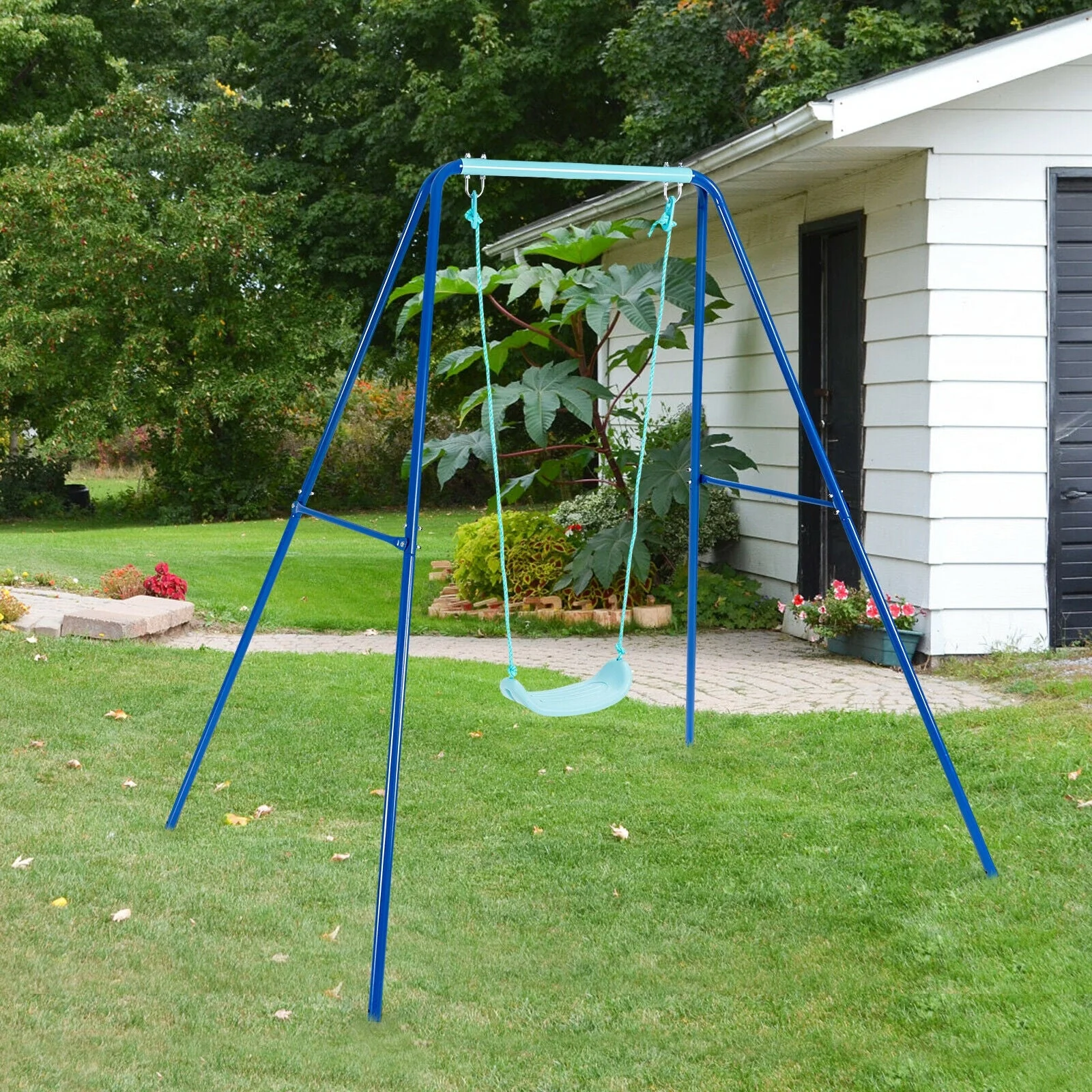 Outdoor Kids Swing Set with Heavy-Duty Metal A-Frame and Ground Stakes-Blue - Image 6