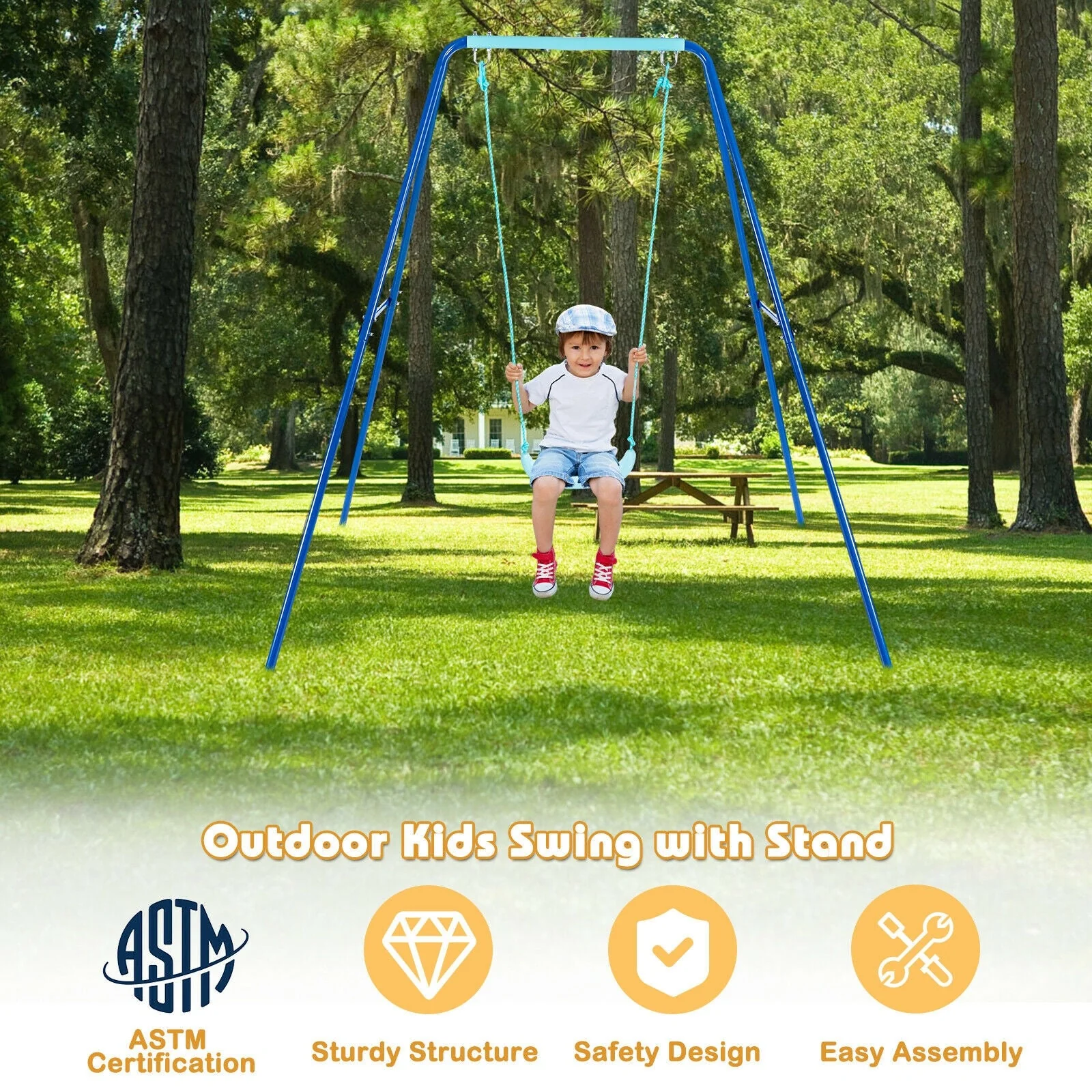 Outdoor Kids Swing Set with Heavy-Duty Metal A-Frame and Ground Stakes-Blue - Image 8